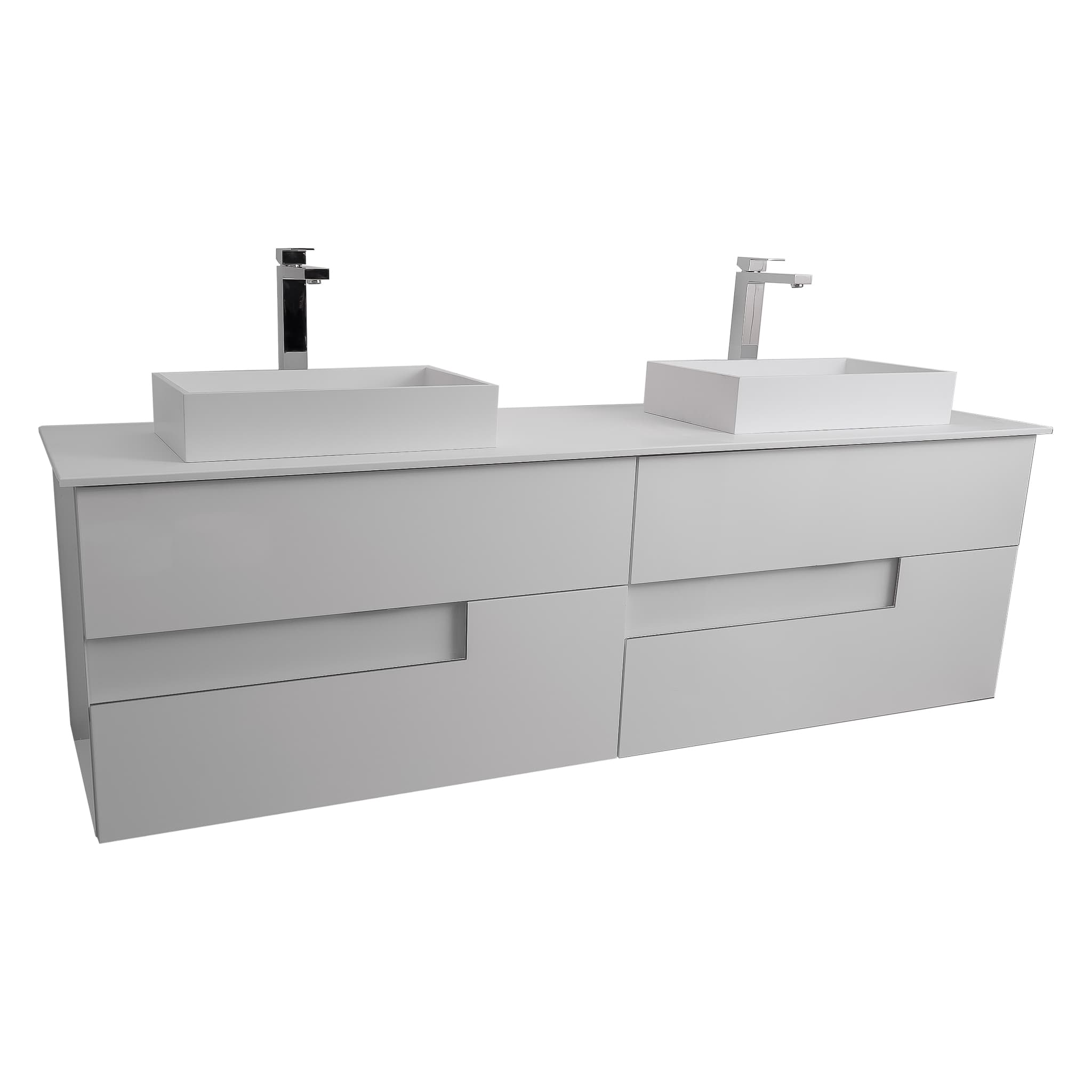 Vision 63 White High Gloss Cabinet, Solid Surface Flat White Counter And Two Infinity Square Solid Surface White Basin 1329, Wall Mounted Modern Vanity Set