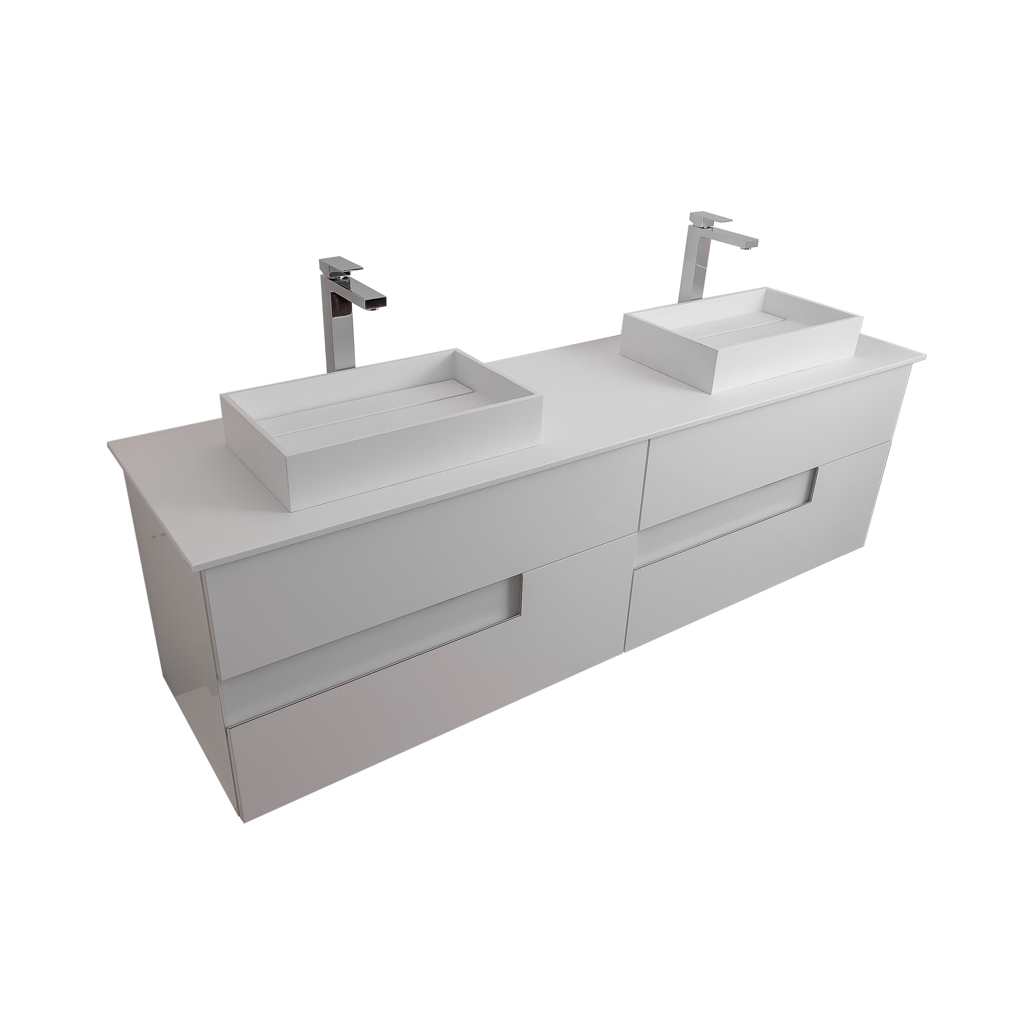 Vision 63 White High Gloss Cabinet, Solid Surface Flat White Counter And Two Infinity Square Solid Surface White Basin 1329, Wall Mounted Modern Vanity Set