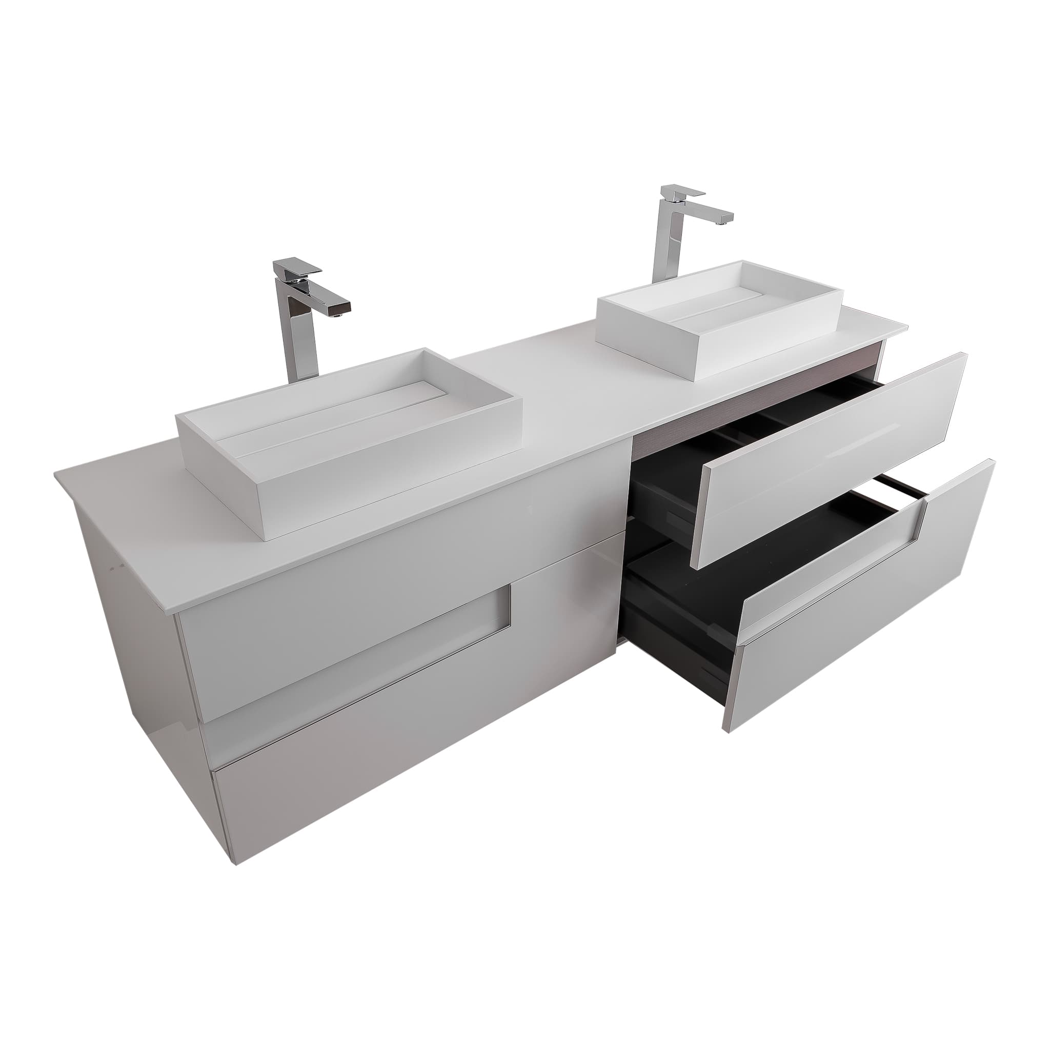 Vision 63 White High Gloss Cabinet, Solid Surface Flat White Counter And Two Infinity Square Solid Surface White Basin 1329, Wall Mounted Modern Vanity Set Bath Trends USA