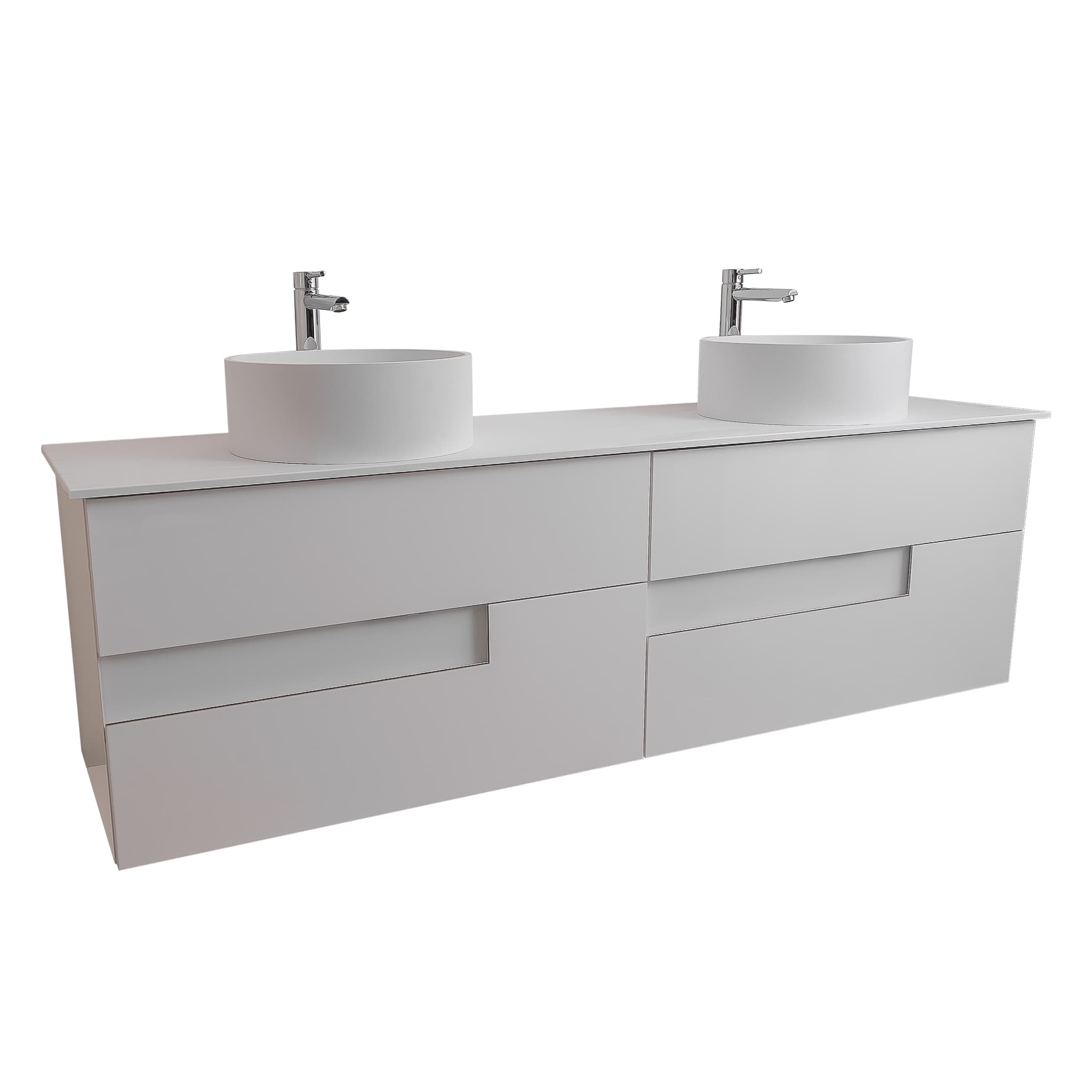 Vision 63 White High Gloss Cabinet, Solid Surface Flat White Counter And Two Round Solid Surface White Basin 1386, Wall Mounted Modern Vanity Set