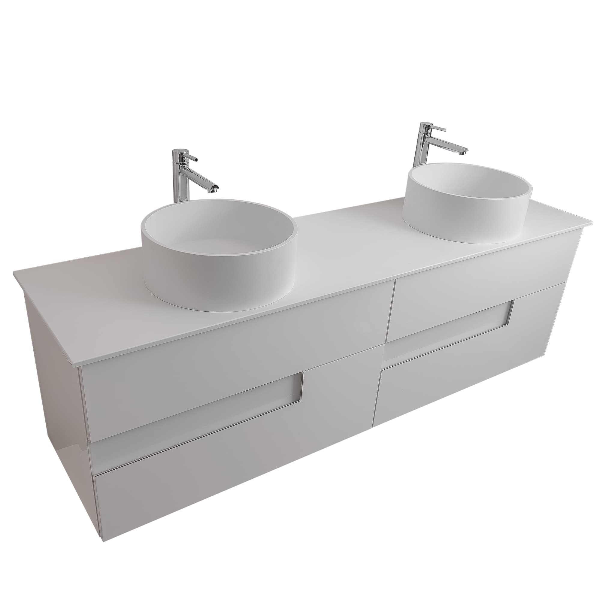 Vision 63 White High Gloss Cabinet, Solid Surface Flat White Counter And Two Round Solid Surface White Basin 1386, Wall Mounted Modern Vanity Set