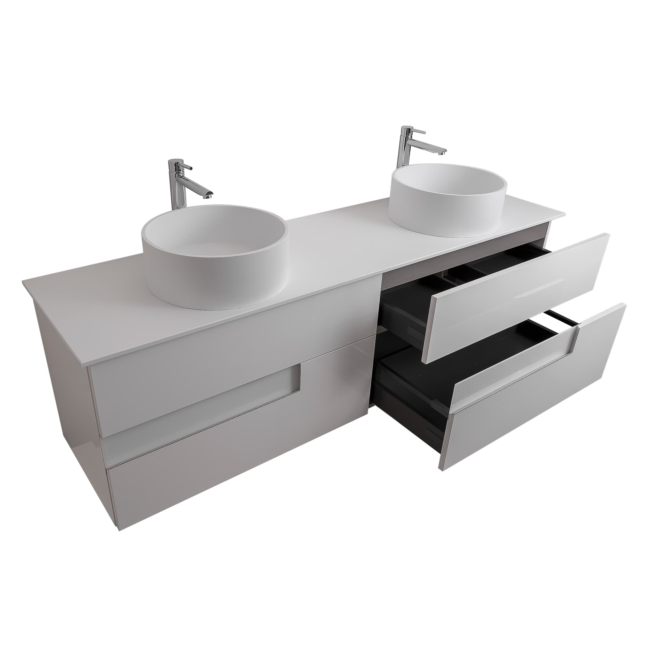 Vision 63 White High Gloss Cabinet, Solid Surface Flat White Counter And Two Round Solid Surface White Basin 1386, Wall Mounted Modern Vanity Set