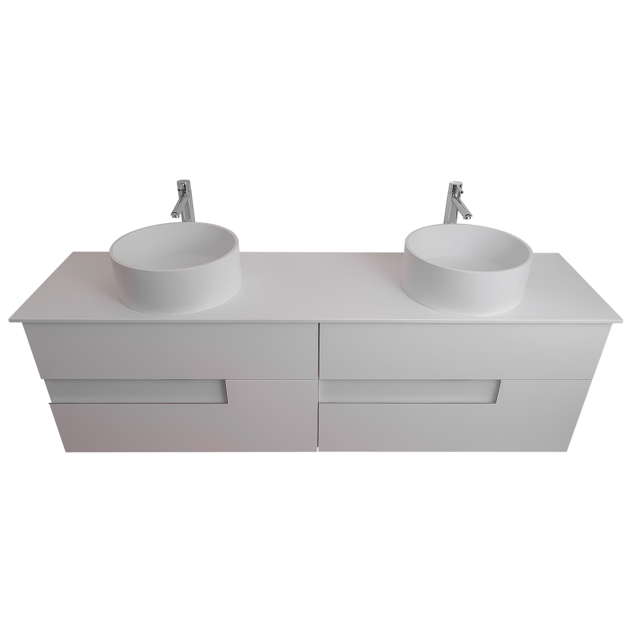 Vision 63 White High Gloss Cabinet, Solid Surface Flat White Counter And Two Round Solid Surface White Basin 1386, Wall Mounted Modern Vanity Set