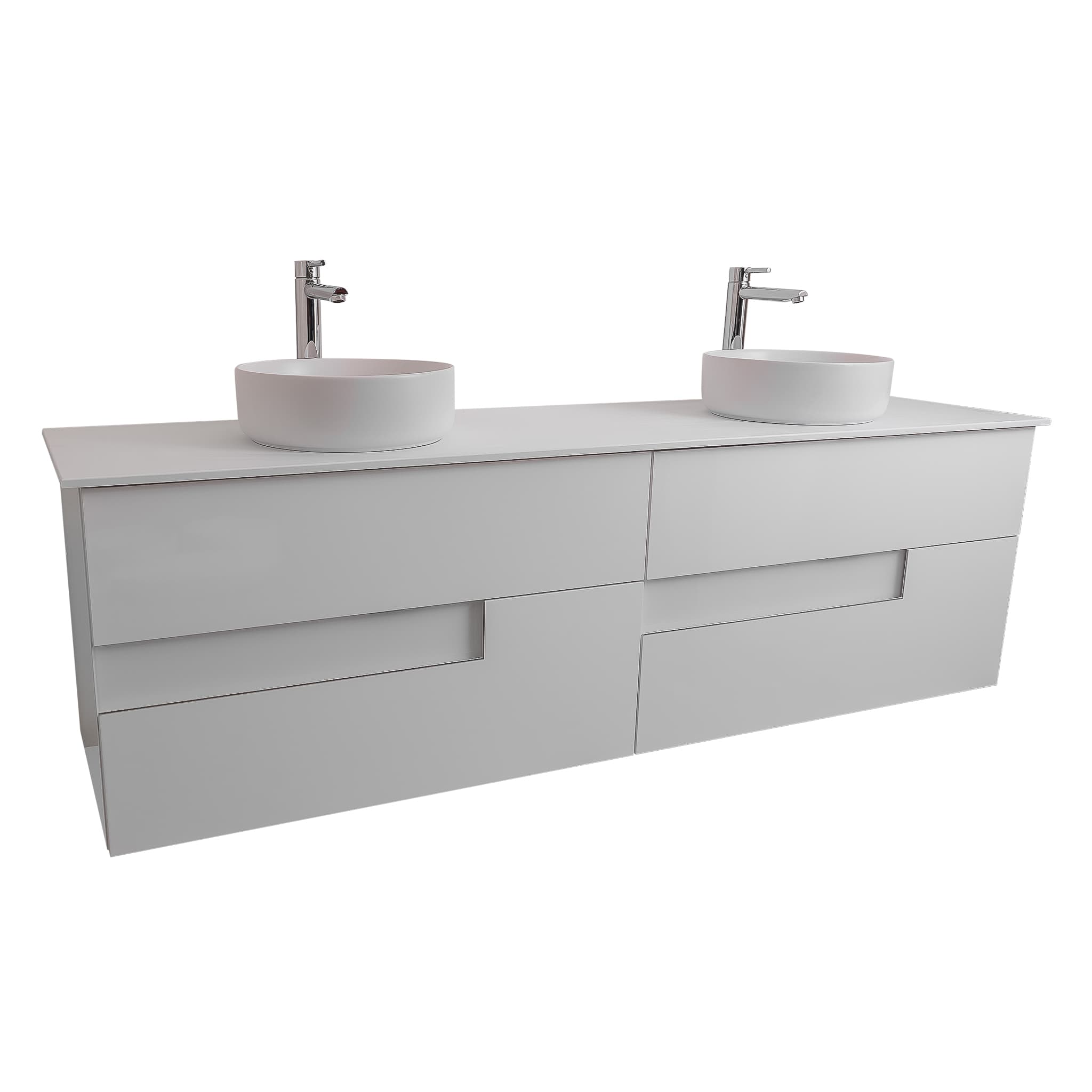 Vision 63 White High Gloss Cabinet, Ares White Top And Two Ares White Ceramic Basin, Wall Mounted Modern Vanity Set