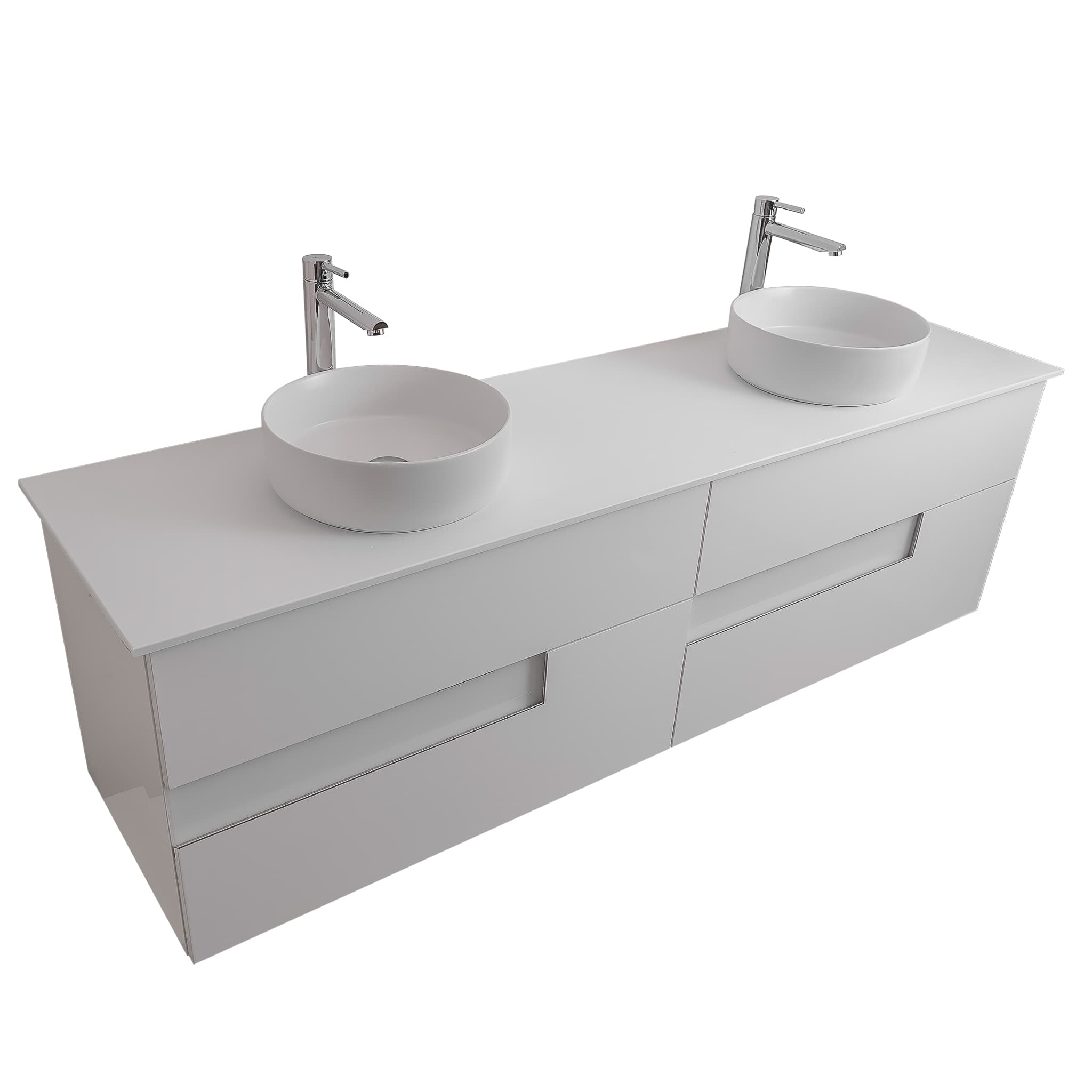 Vision 63 White High Gloss Cabinet, Ares White Top And Two Ares White Ceramic Basin, Wall Mounted Modern Vanity Set