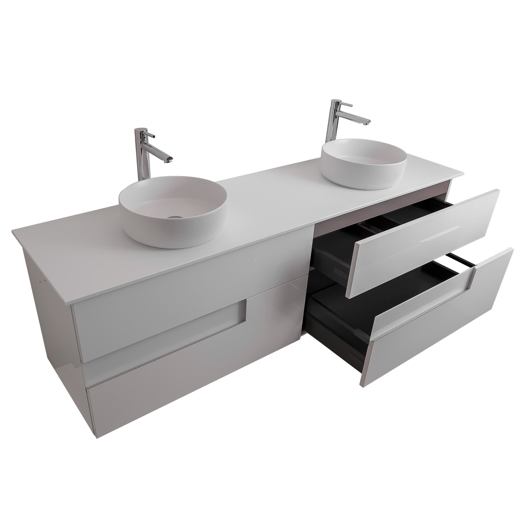 Vision 63 White High Gloss Cabinet, Ares White Top And Two Ares White Ceramic Basin, Wall Mounted Modern Vanity Set