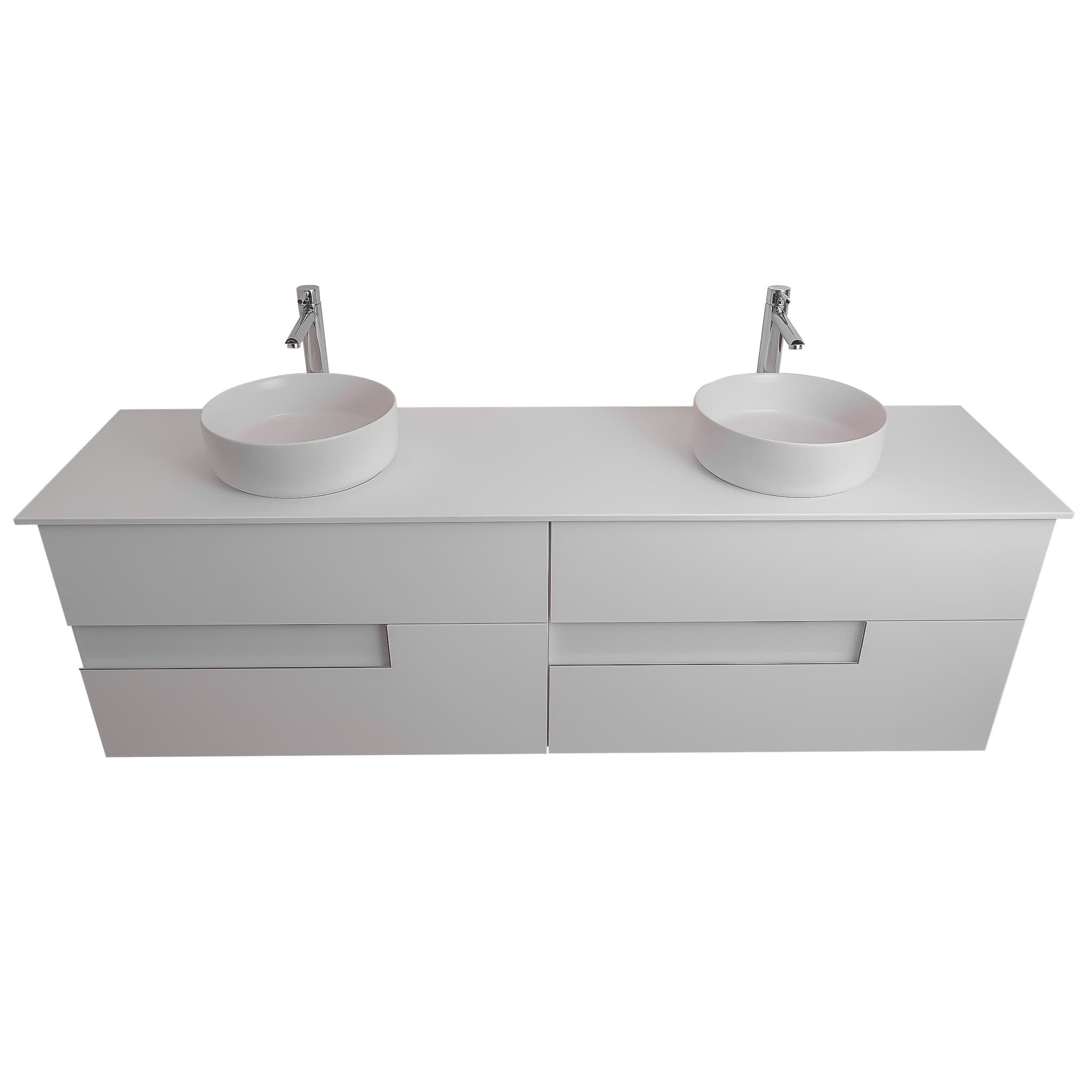 Vision 63 White High Gloss Cabinet, Ares White Top And Two Ares White Ceramic Basin, Wall Mounted Modern Vanity Set