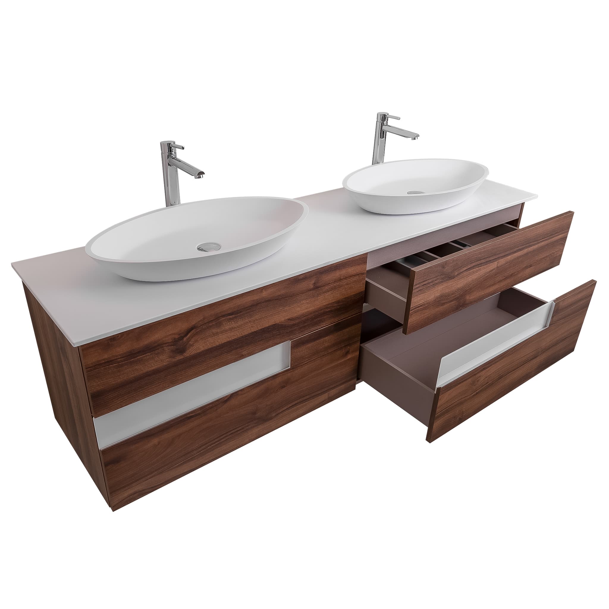 Vision 72 Valenti Medium Brown Wood Cabinet, Solid Surface Flat White Counter And Two Oval Solid Surface White Basin 1305, Wall Mounted Modern Vanity Set
