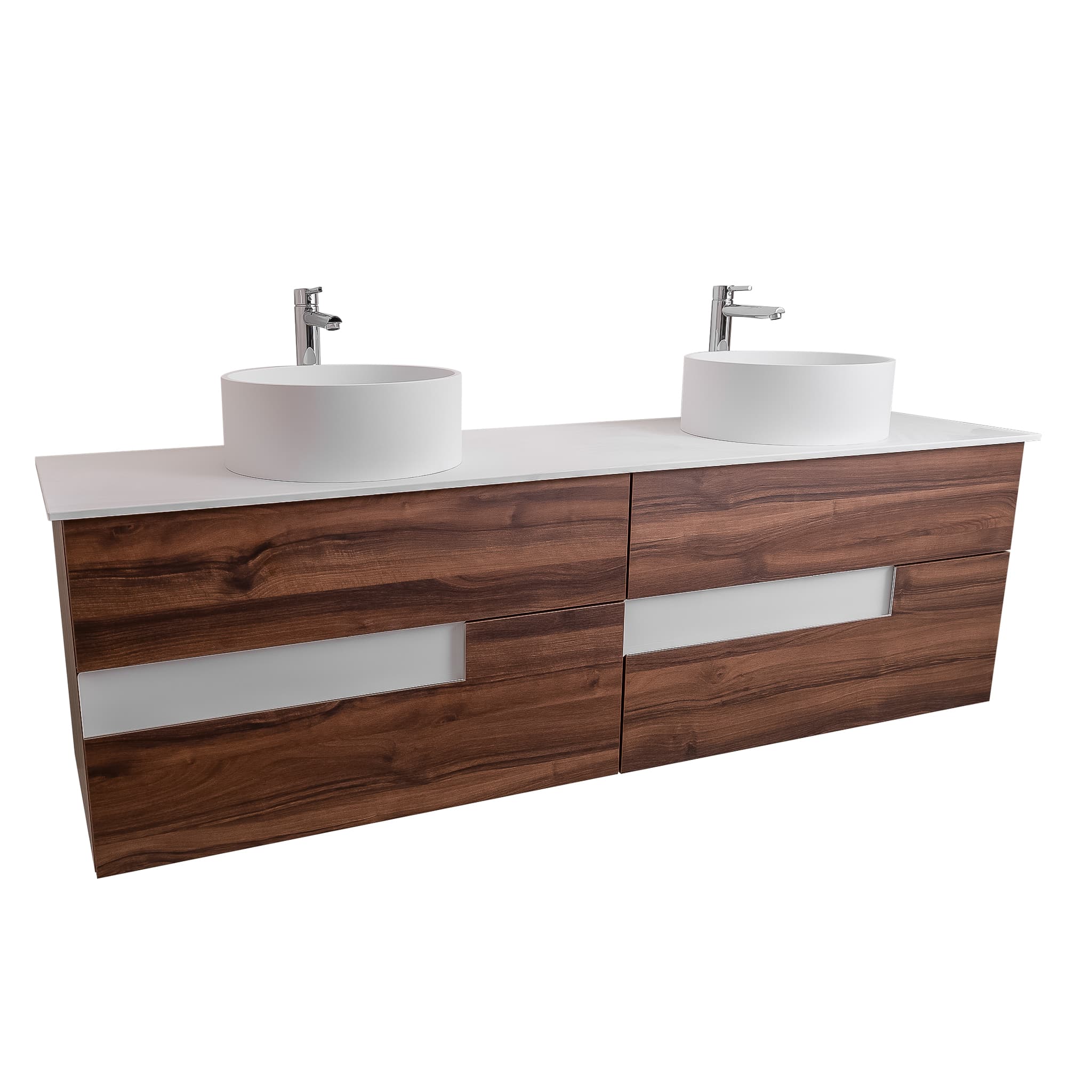 Vision 72 Valenti Medium Brown Wood Cabinet, Solid Surface Flat White Counter And Two Round Solid Surface White Basin 1386, Wall Mounted Modern Vanity Set