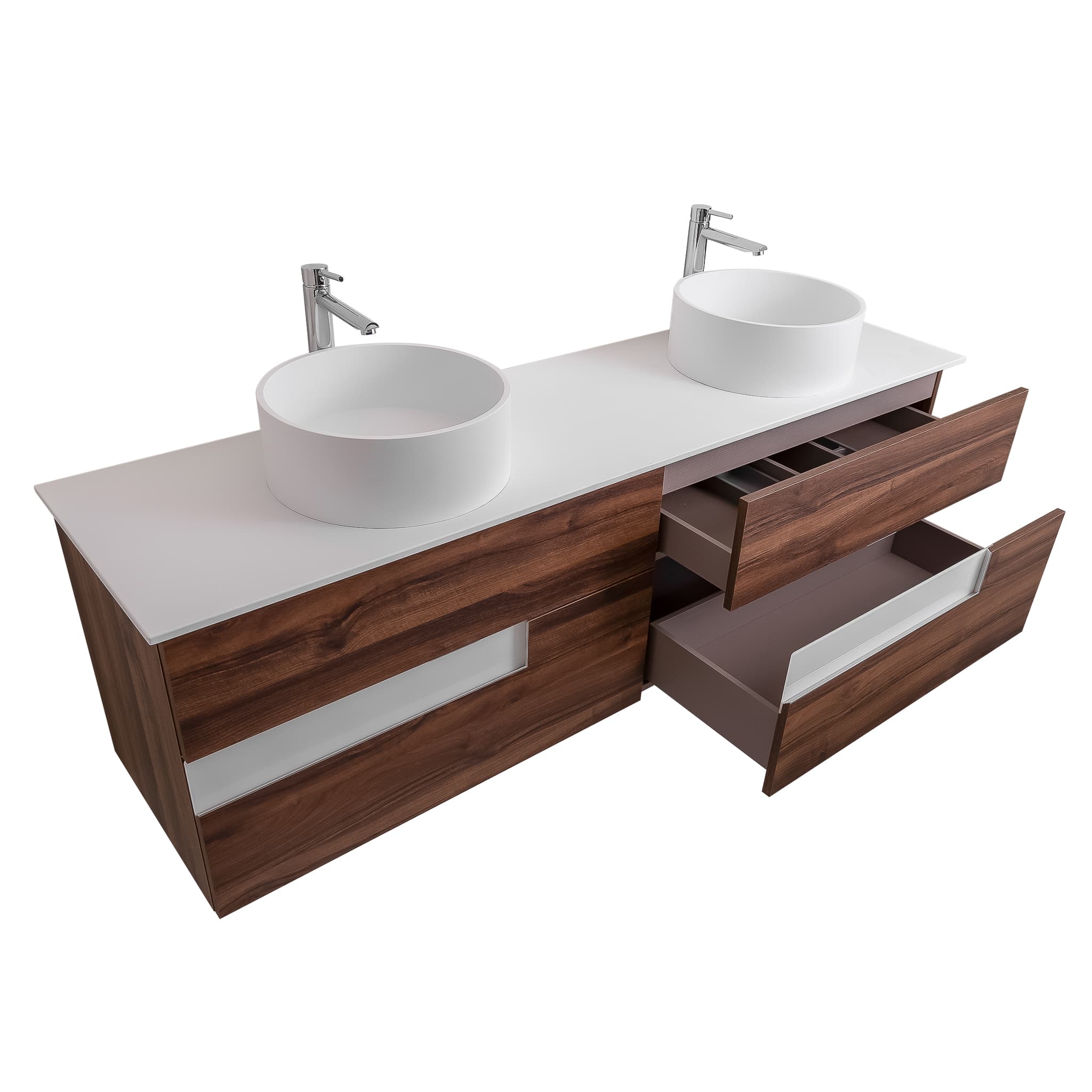 Vision 72 Valenti Medium Brown Wood Cabinet, Solid Surface Flat White Counter And Two Round Solid Surface White Basin 1386, Wall Mounted Modern Vanity Set