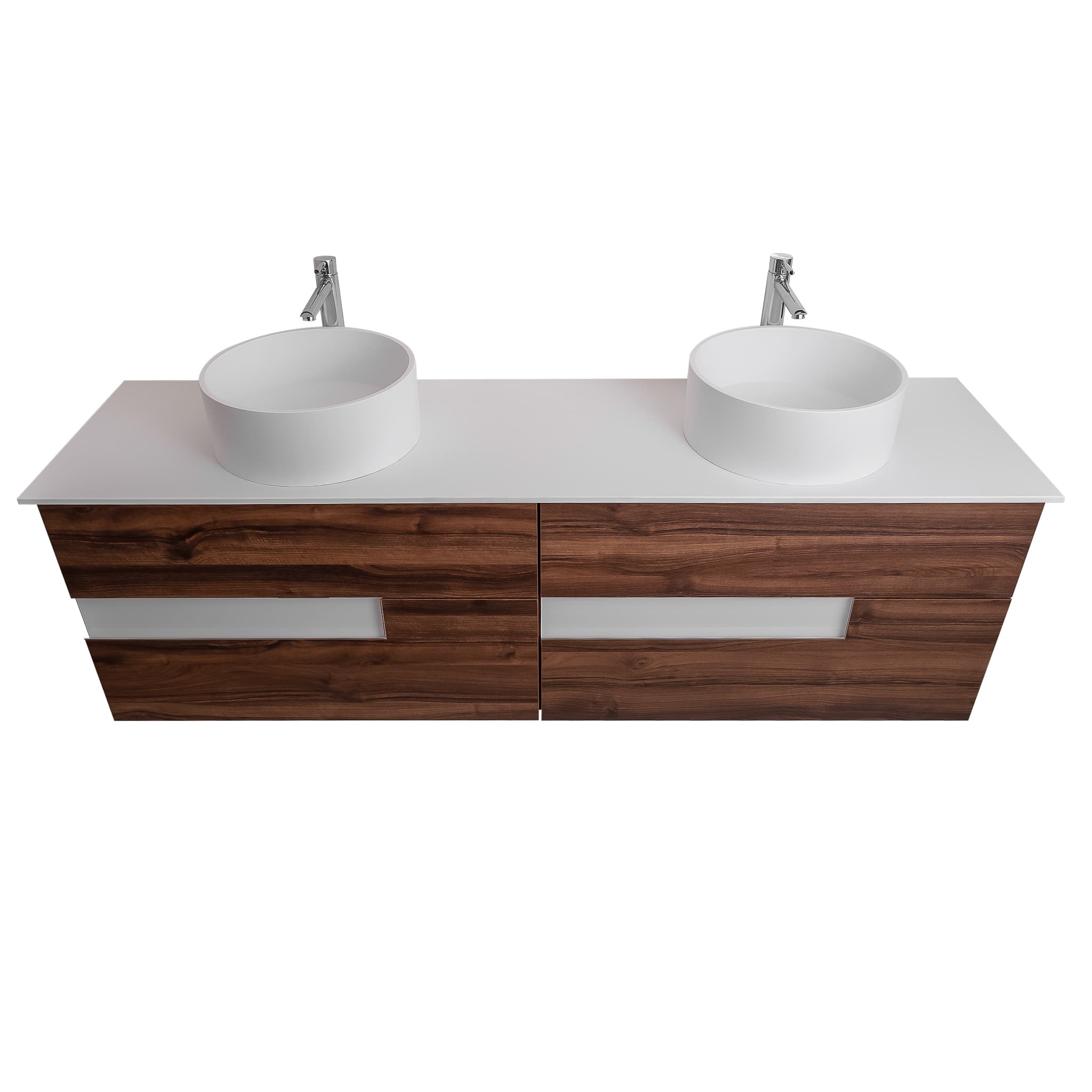 Vision 72 Valenti Medium Brown Wood Cabinet, Solid Surface Flat White Counter And Two Round Solid Surface White Basin 1386, Wall Mounted Modern Vanity Set