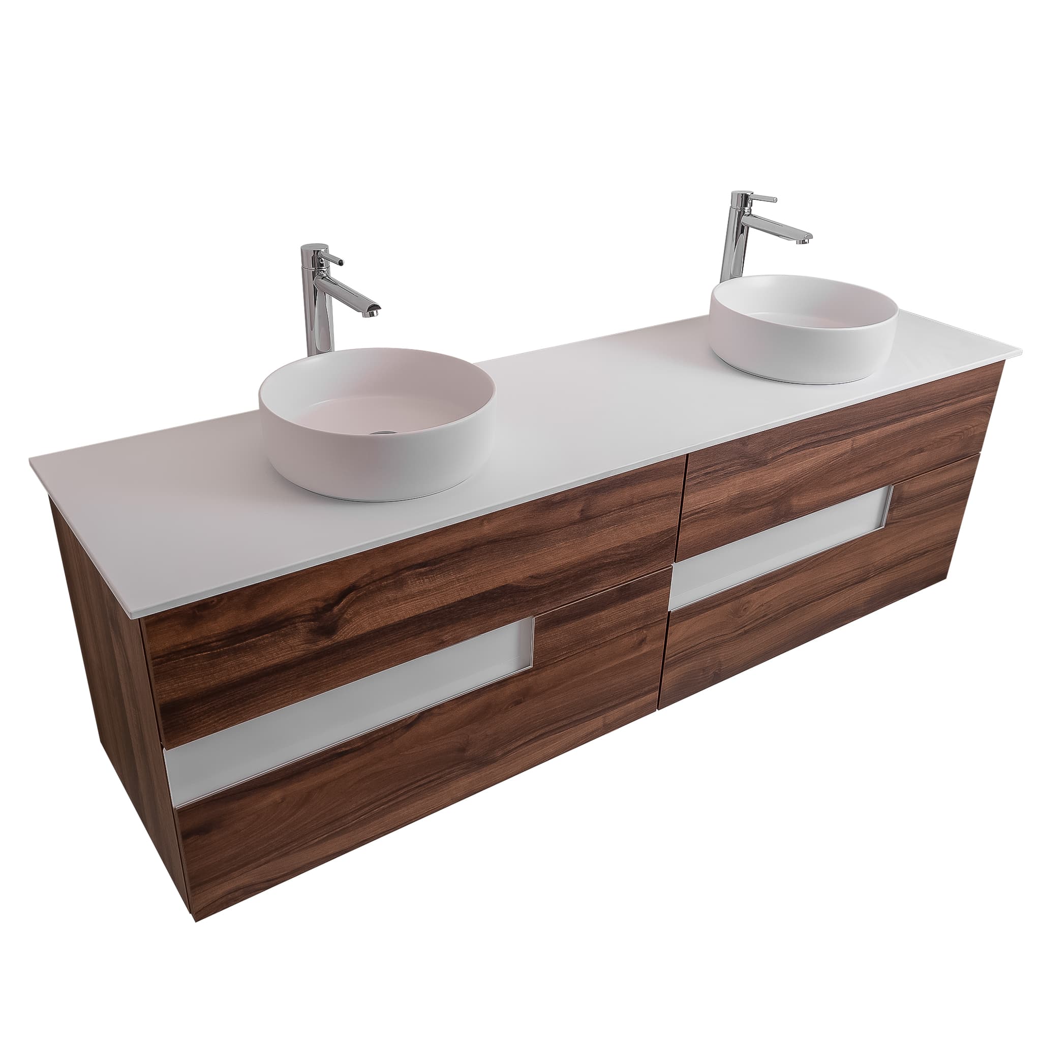 Vision 72 Valenti Medium Brown Wood Cabinet, Ares White Top And Two Ares White Ceramic Basin, Wall Mounted Modern Vanity Set