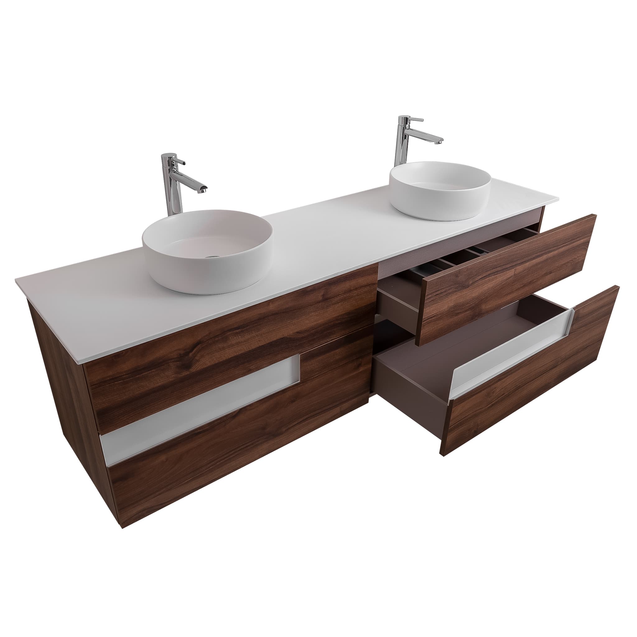 Vision 72 Valenti Medium Brown Wood Cabinet, Ares White Top And Two Ares White Ceramic Basin, Wall Mounted Modern Vanity Set