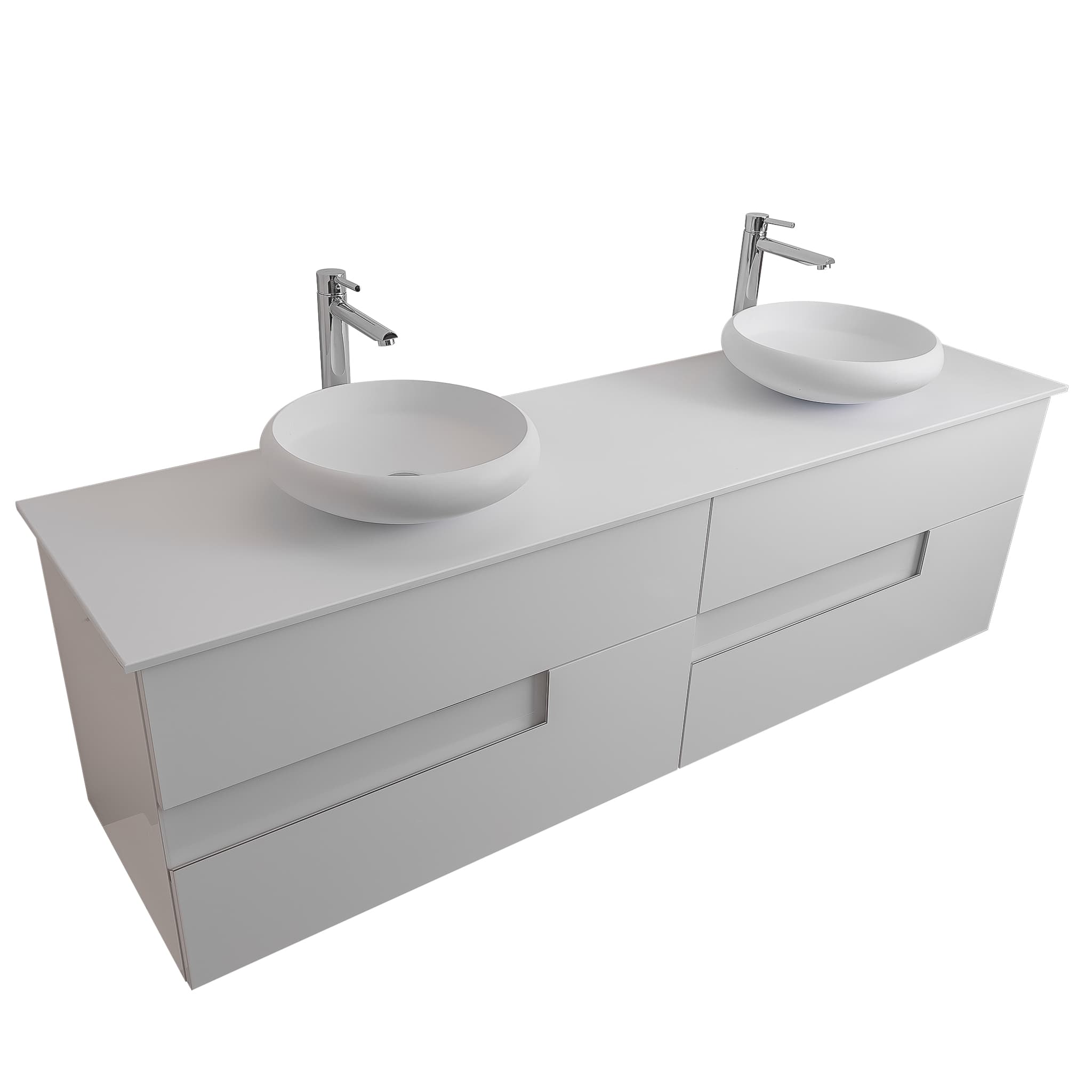Vision 72 White High Gloss Cabinet, Solid Surface Flat White Counter And Two Round Solid Surface White Basin 1153, Wall Mounted Modern Vanity Set