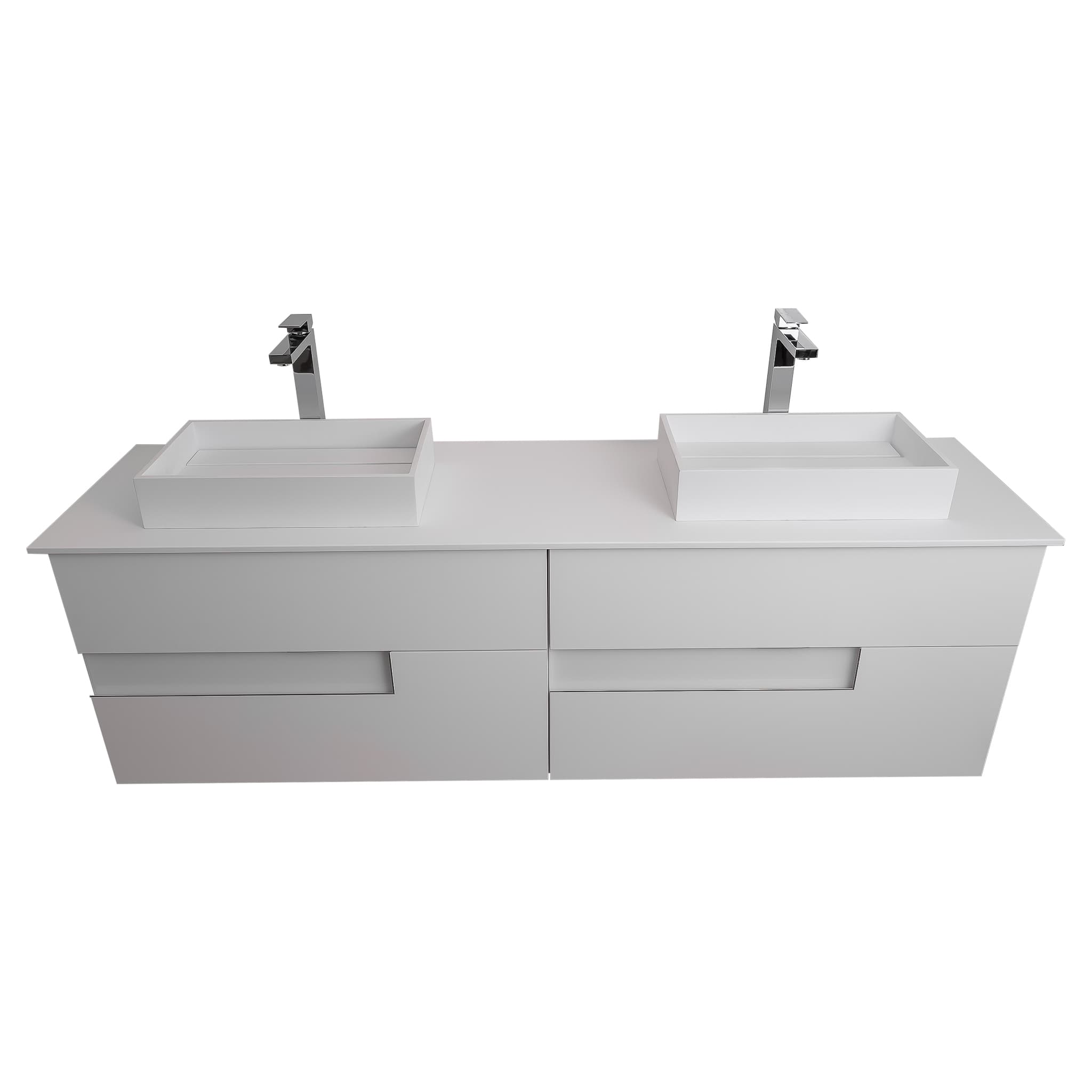 Vision 72 White High Gloss Cabinet, Solid Surface Flat White Counter And Two Infinity Square Solid Surface White Basin 1329, Wall Mounted Modern Vanity Set