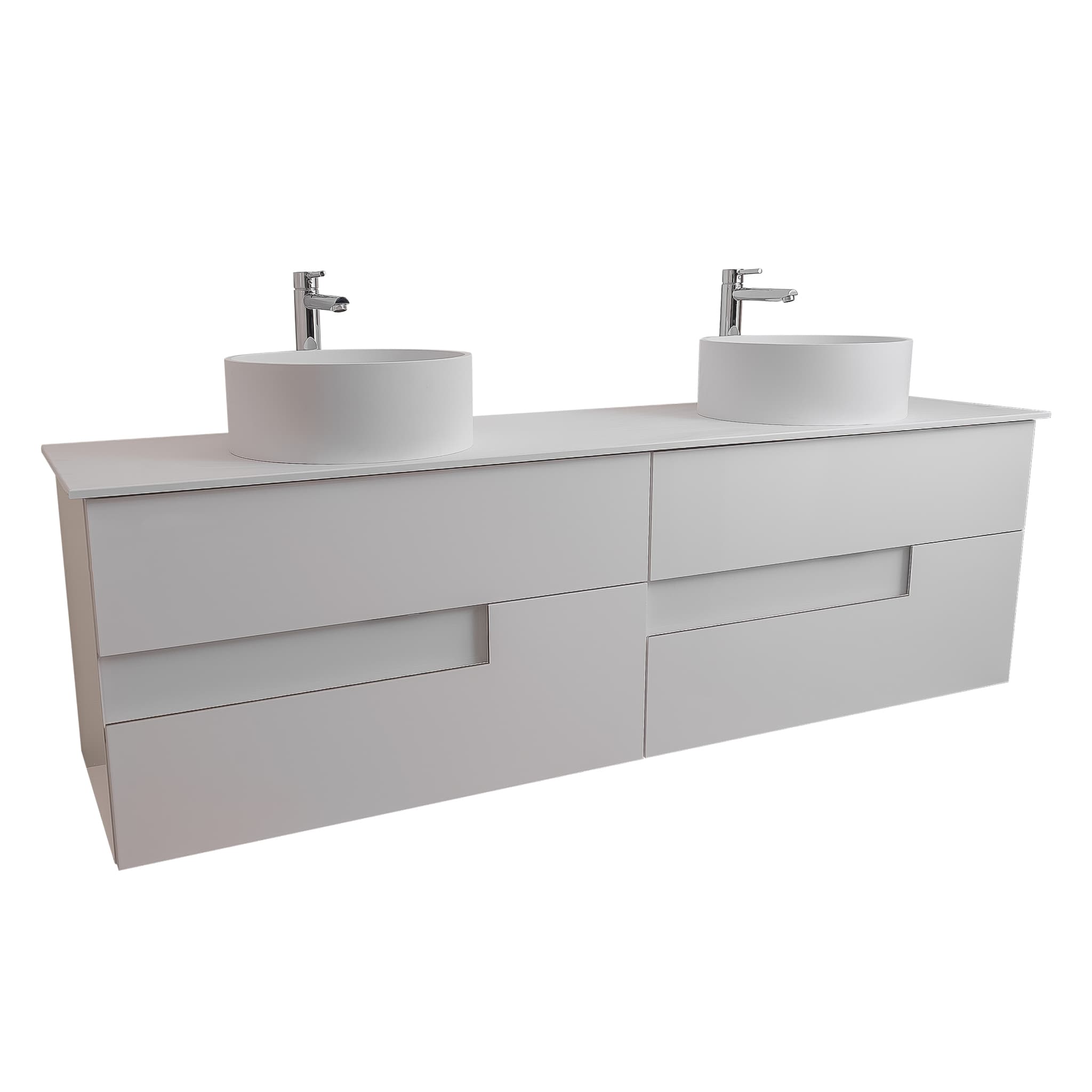 Vision 72 White High Gloss Cabinet, Solid Surface Flat White Counter And Two Round Solid Surface White Basin 1386, Wall Mounted Modern Vanity Set