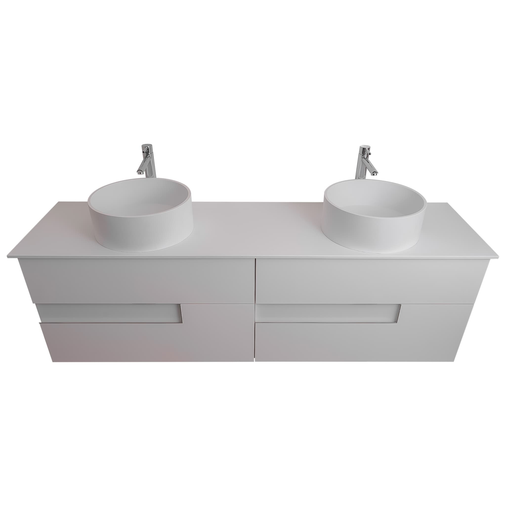 Vision 72 White High Gloss Cabinet, Solid Surface Flat White Counter And Two Round Solid Surface White Basin 1386, Wall Mounted Modern Vanity Set