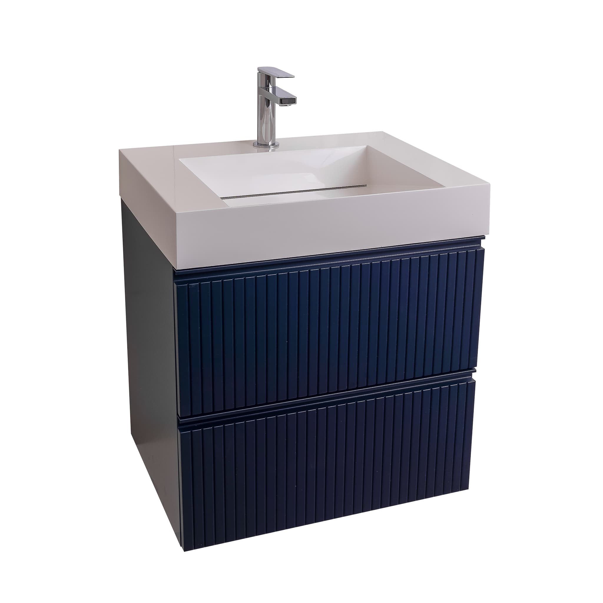 Ares 23.5 Matte Navy Blue Cabinet, Infinity Cultured Marble Sink, Wall Mounted Modern Vanity Set