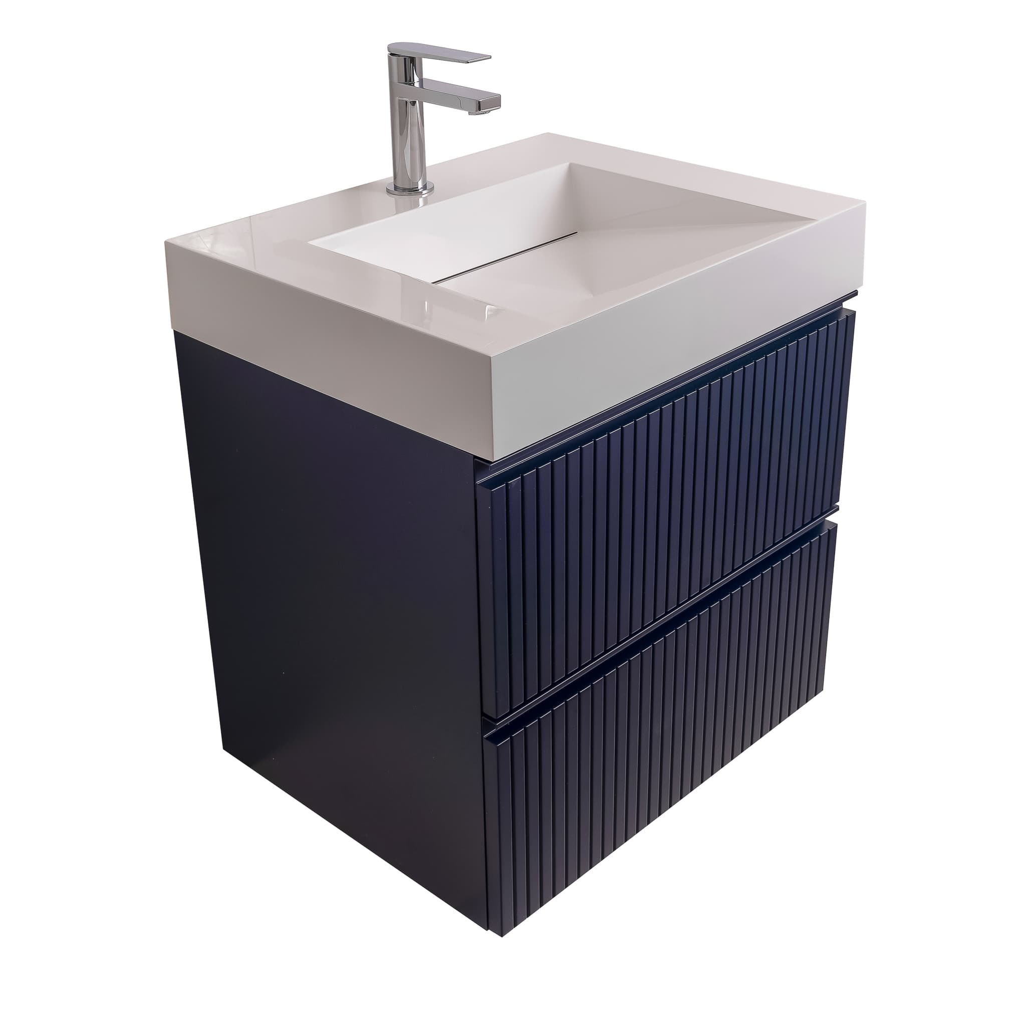 Ares 23.5 Matte Navy Blue Cabinet, Infinity Cultured Marble Sink, Wall Mounted Modern Vanity Set