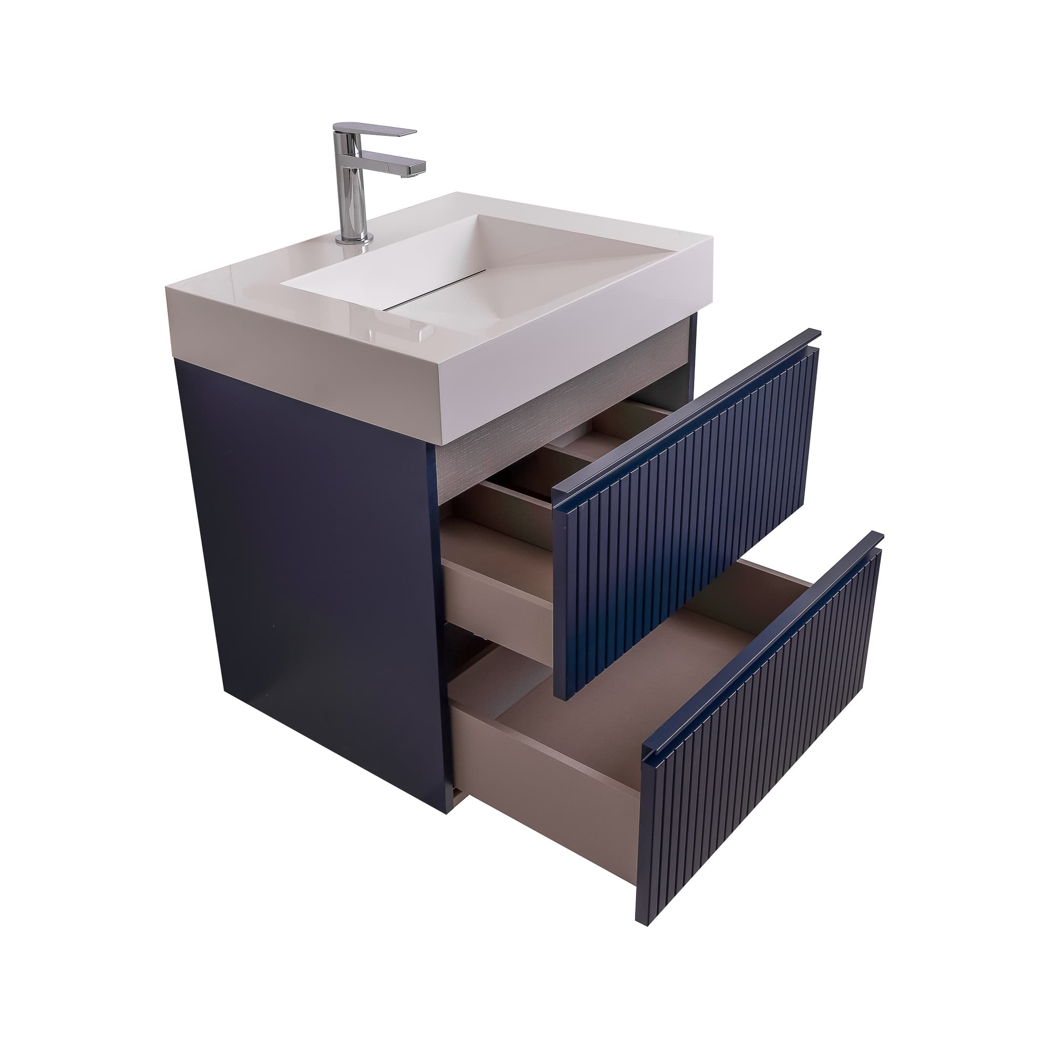 Ares 23.5 Matte Navy Blue Cabinet, Infinity Cultured Marble Sink, Wall Mounted Modern Vanity Set