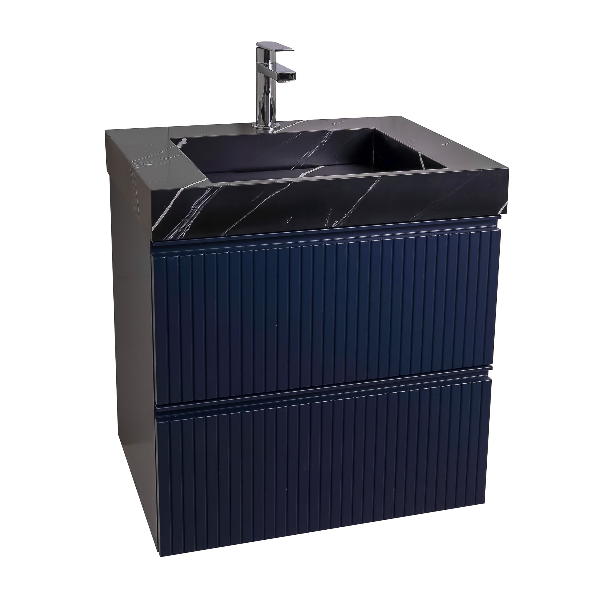 Ares 23.5 Navy Blue Cabinet, Solid Surface Matte Black Carrara Infinity Sink, Wall Mounted Modern Vanity Set