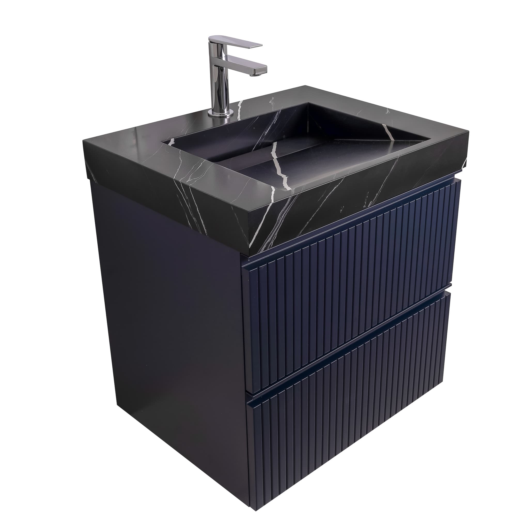 Ares 23.5 Navy Blue Cabinet, Solid Surface Matte Black Carrara Infinity Sink, Wall Mounted Modern Vanity Set
