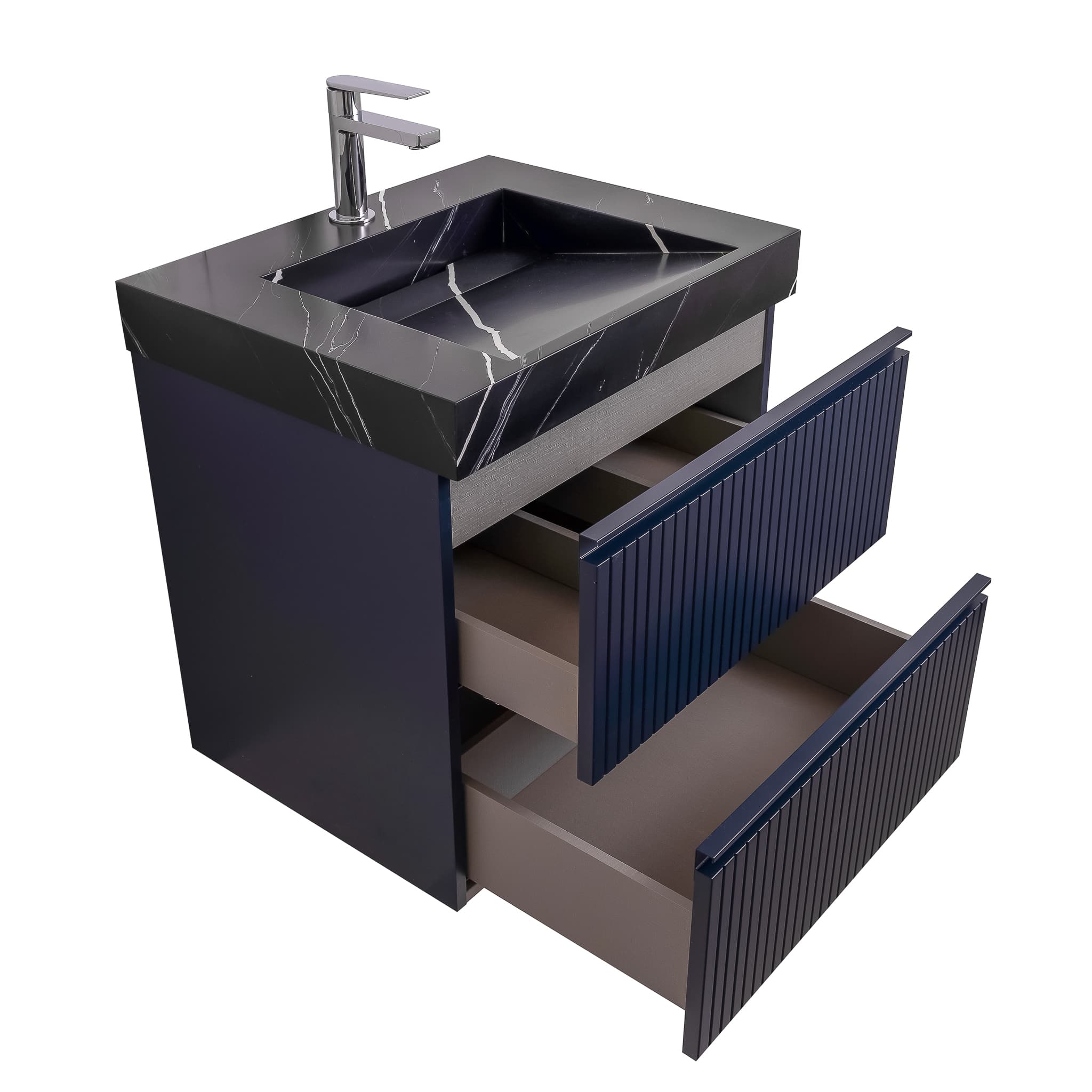 Ares 23.5 Navy Blue Cabinet, Solid Surface Matte Black Carrara Infinity Sink, Wall Mounted Modern Vanity Set