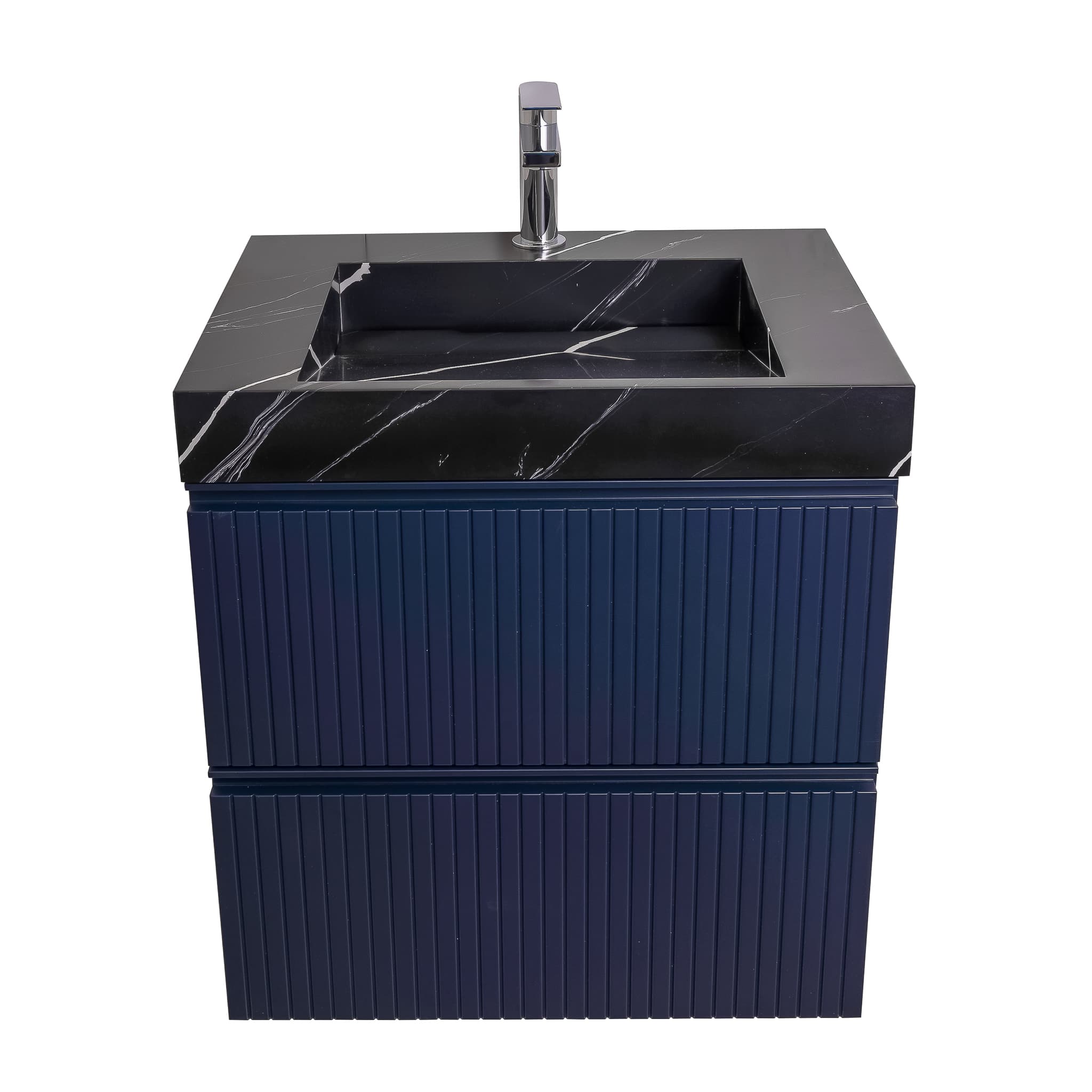 Ares 23.5 Navy Blue Cabinet, Solid Surface Matte Black Carrara Infinity Sink, Wall Mounted Modern Vanity Set