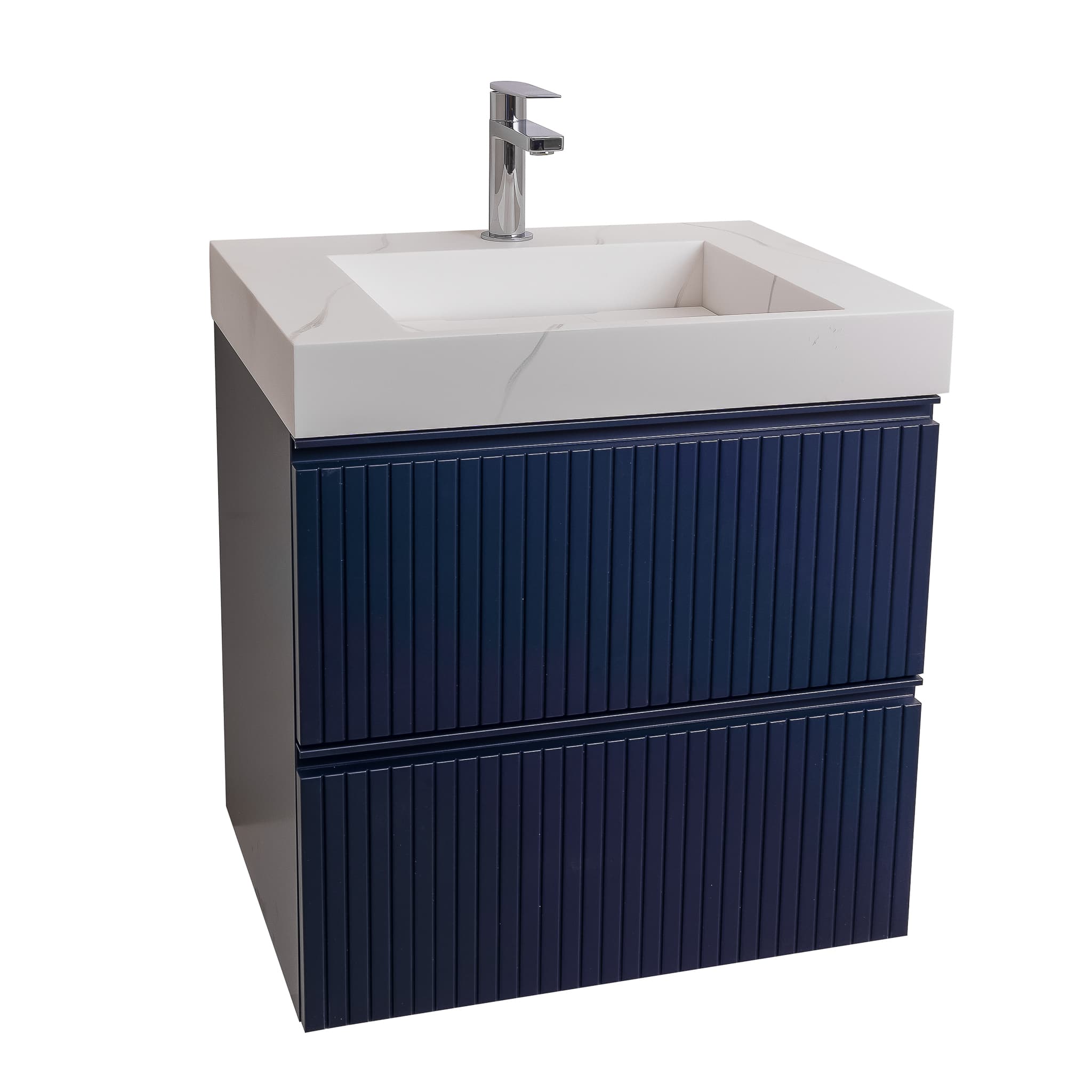 Ares 23.5 Navy Blue Cabinet, Solid Surface Matte White Top Carrara Infinity Sink, Wall Mounted Modern Vanity Set