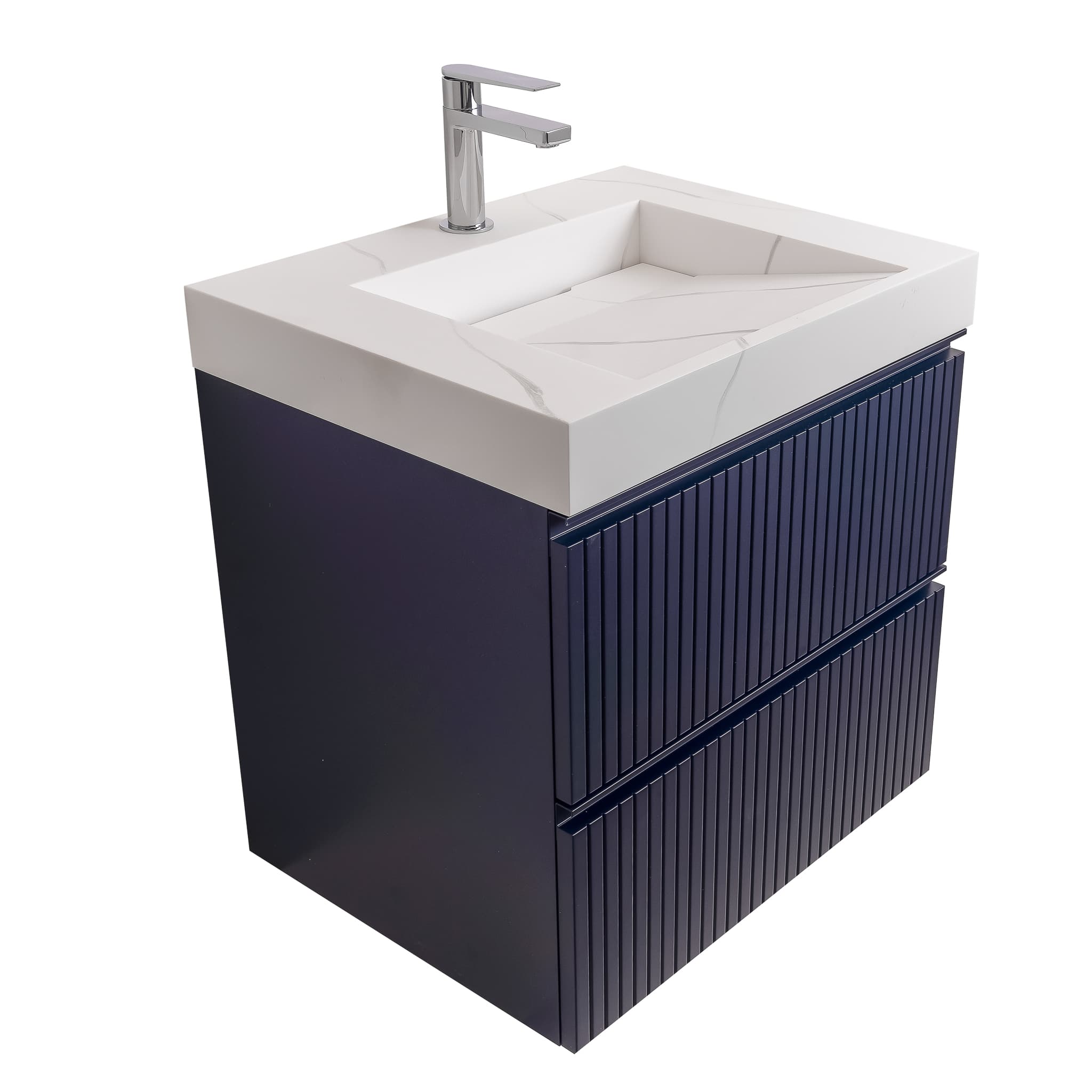 Ares 23.5 Navy Blue Cabinet, Solid Surface Matte White Top Carrara Infinity Sink, Wall Mounted Modern Vanity Set