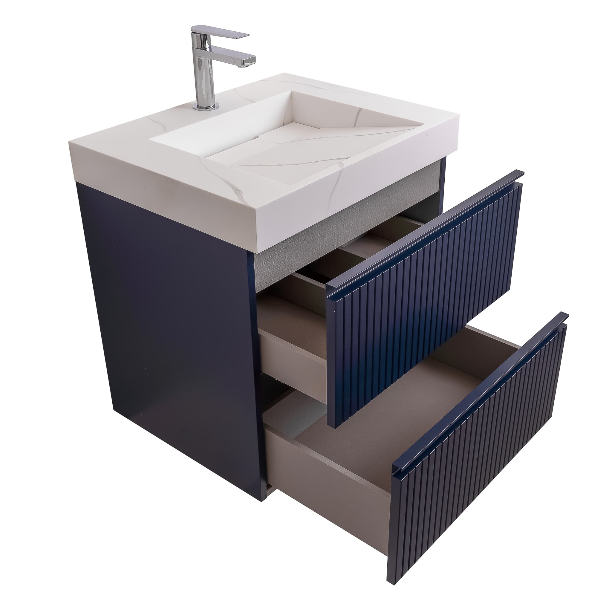 Ares 23.5 Navy Blue Cabinet, Solid Surface Matte White Top Carrara Infinity Sink, Wall Mounted Modern Vanity Set