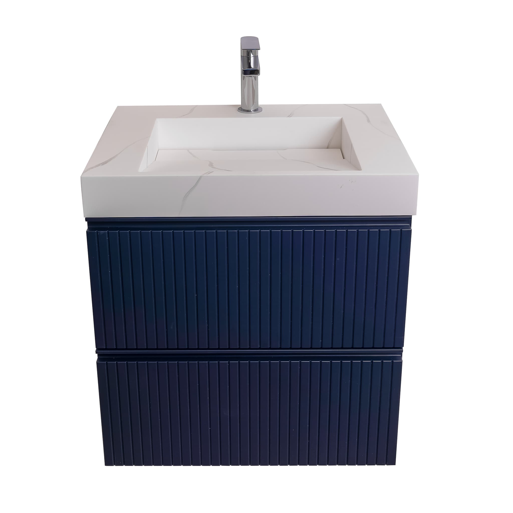 Ares 23.5 Navy Blue Cabinet, Solid Surface Matte White Top Carrara Infinity Sink, Wall Mounted Modern Vanity Set