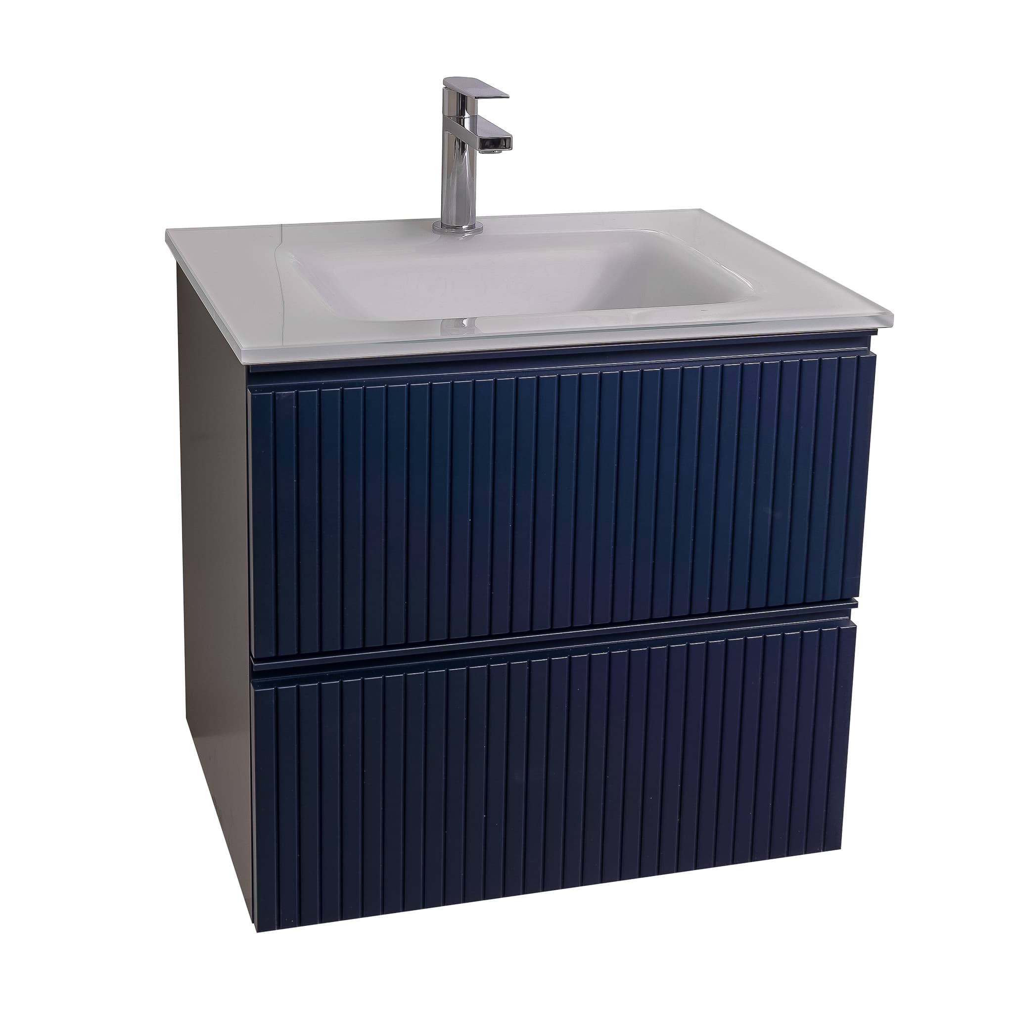 Ares 23.5 Matte Navy Blue Cabinet, White Tempered Glass Sink, Wall Mounted Modern Vanity Set