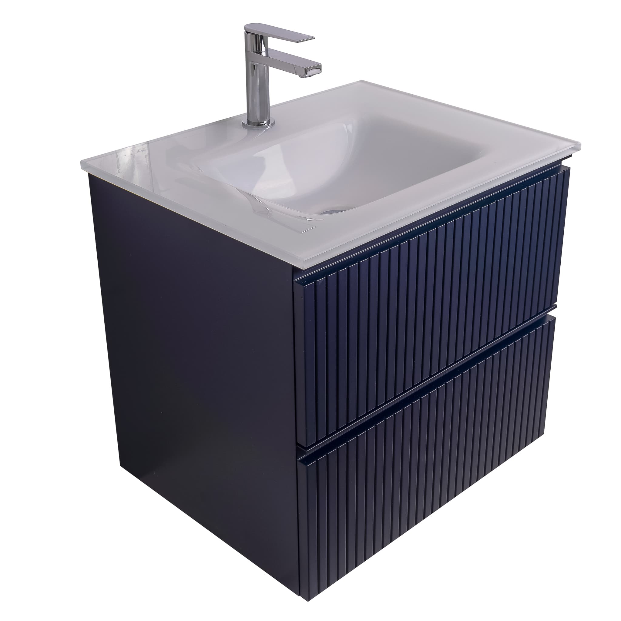 Ares 23.5 Matte Navy Blue Cabinet, White Tempered Glass Sink, Wall Mounted Modern Vanity Set