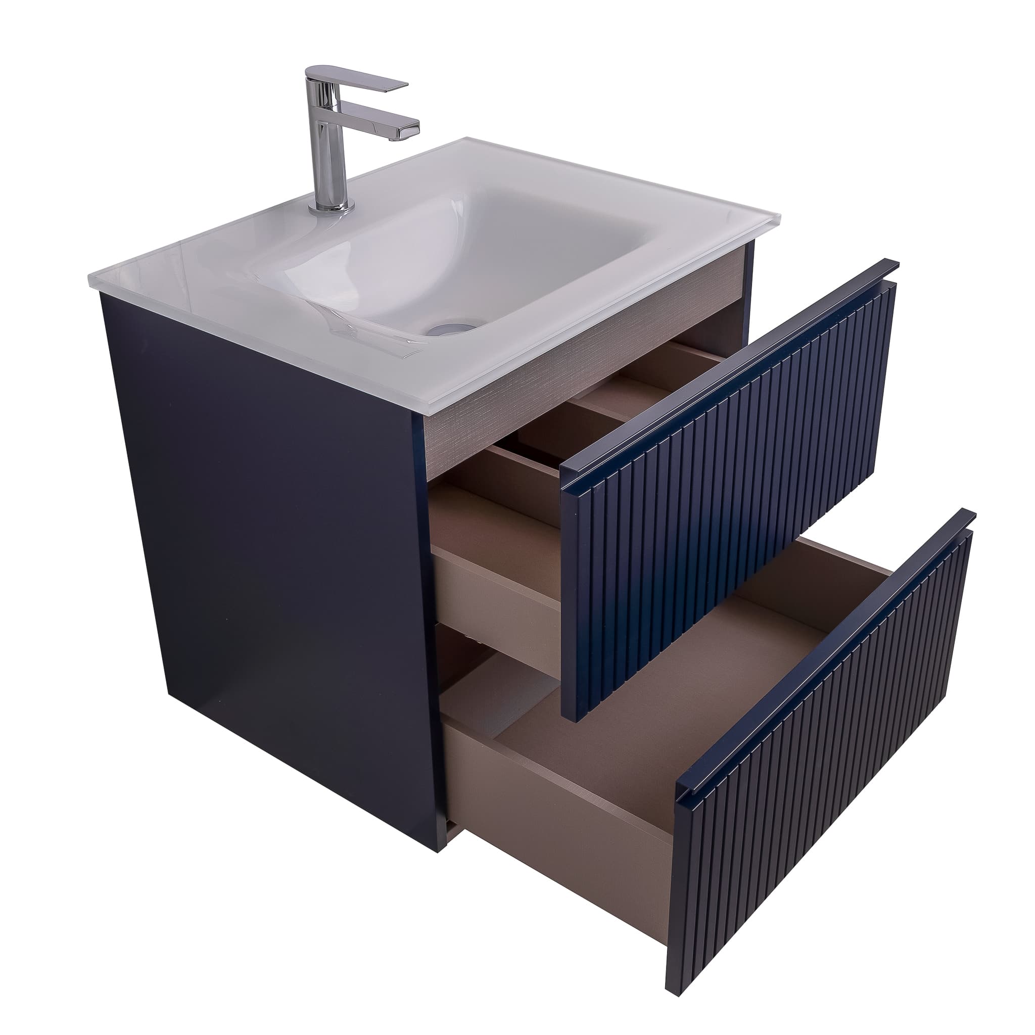 Ares 23.5 Matte Navy Blue Cabinet, White Tempered Glass Sink, Wall Mounted Modern Vanity Set