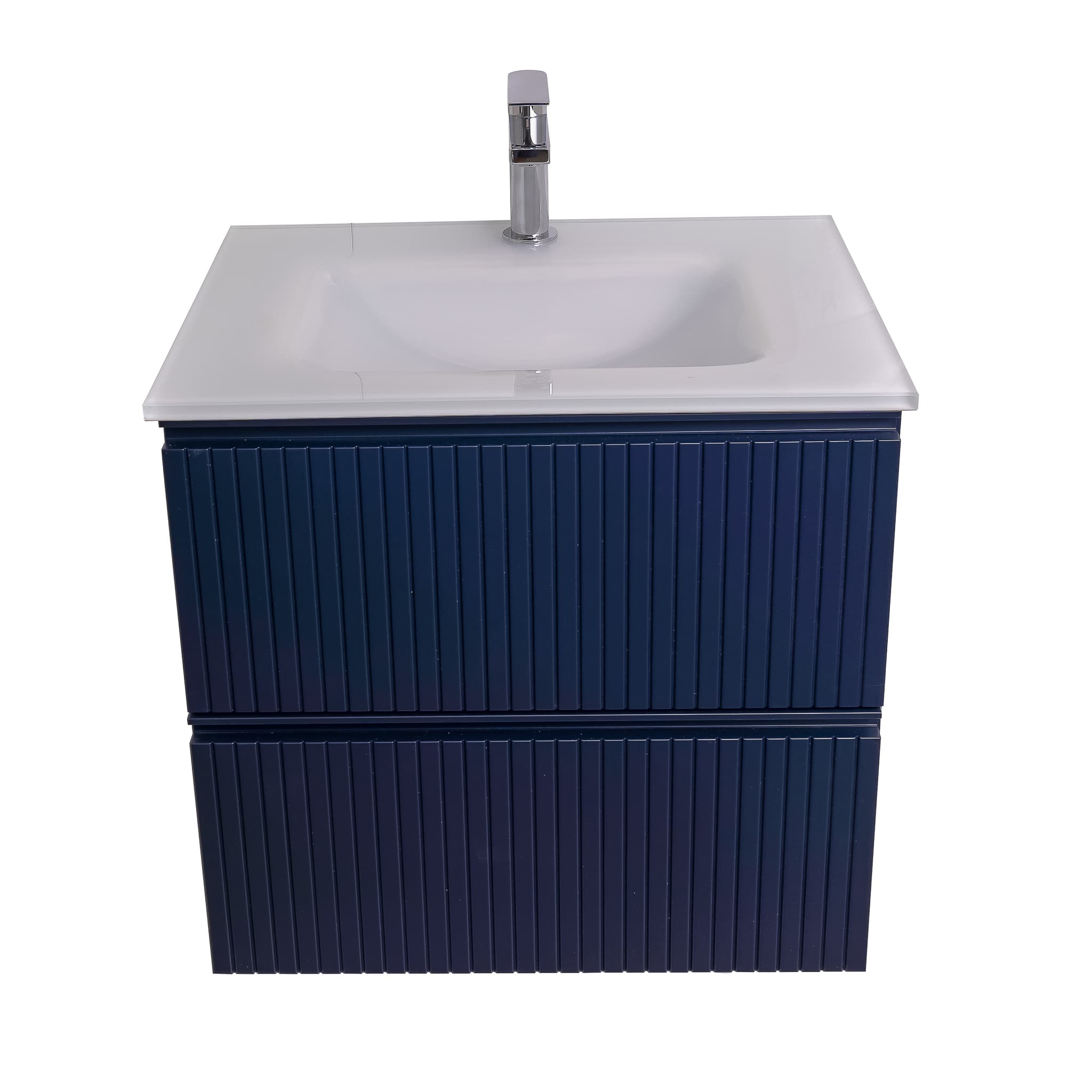 Ares 23.5 Matte Navy Blue Cabinet, White Tempered Glass Sink, Wall Mounted Modern Vanity Set