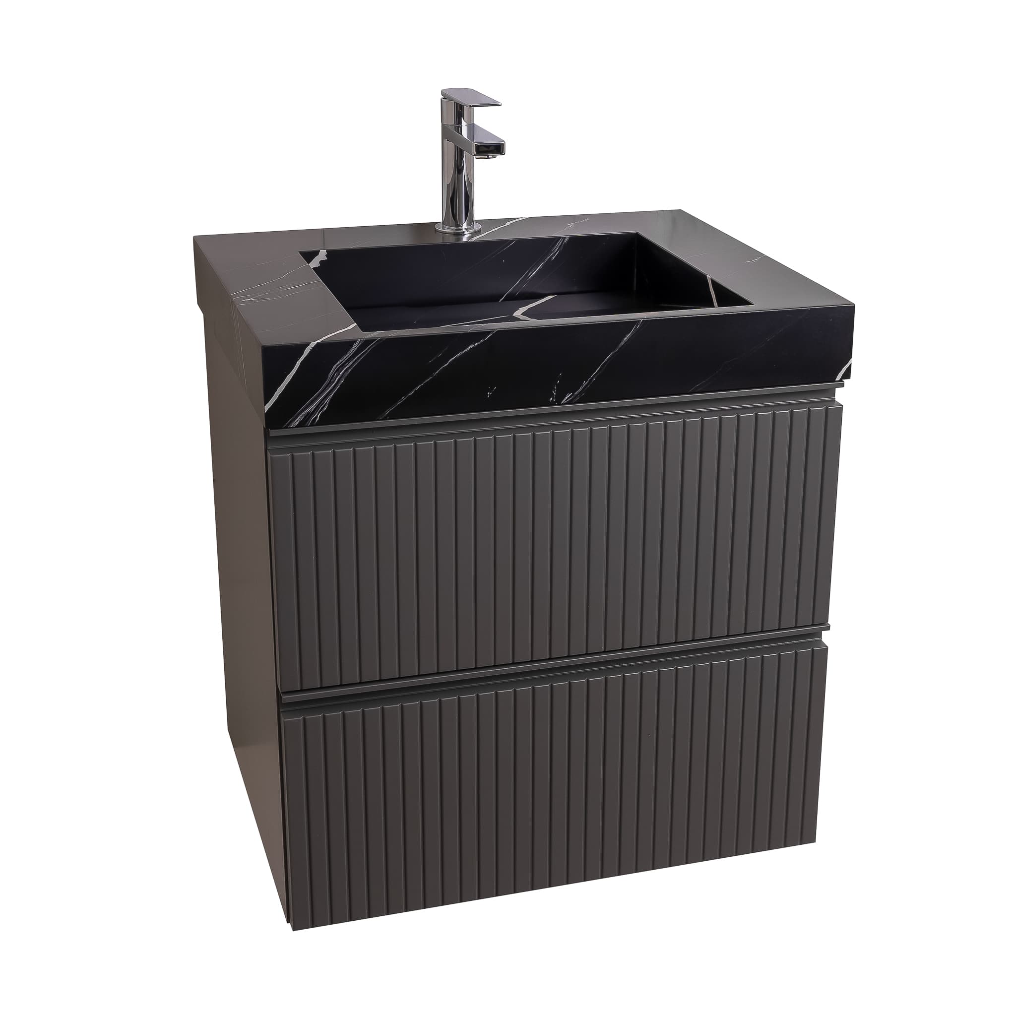 Ares 23.5 Matte Grey Cabinet, Solid Surface Matte Black Carrara Infinity Sink, Wall Mounted Modern Vanity Set