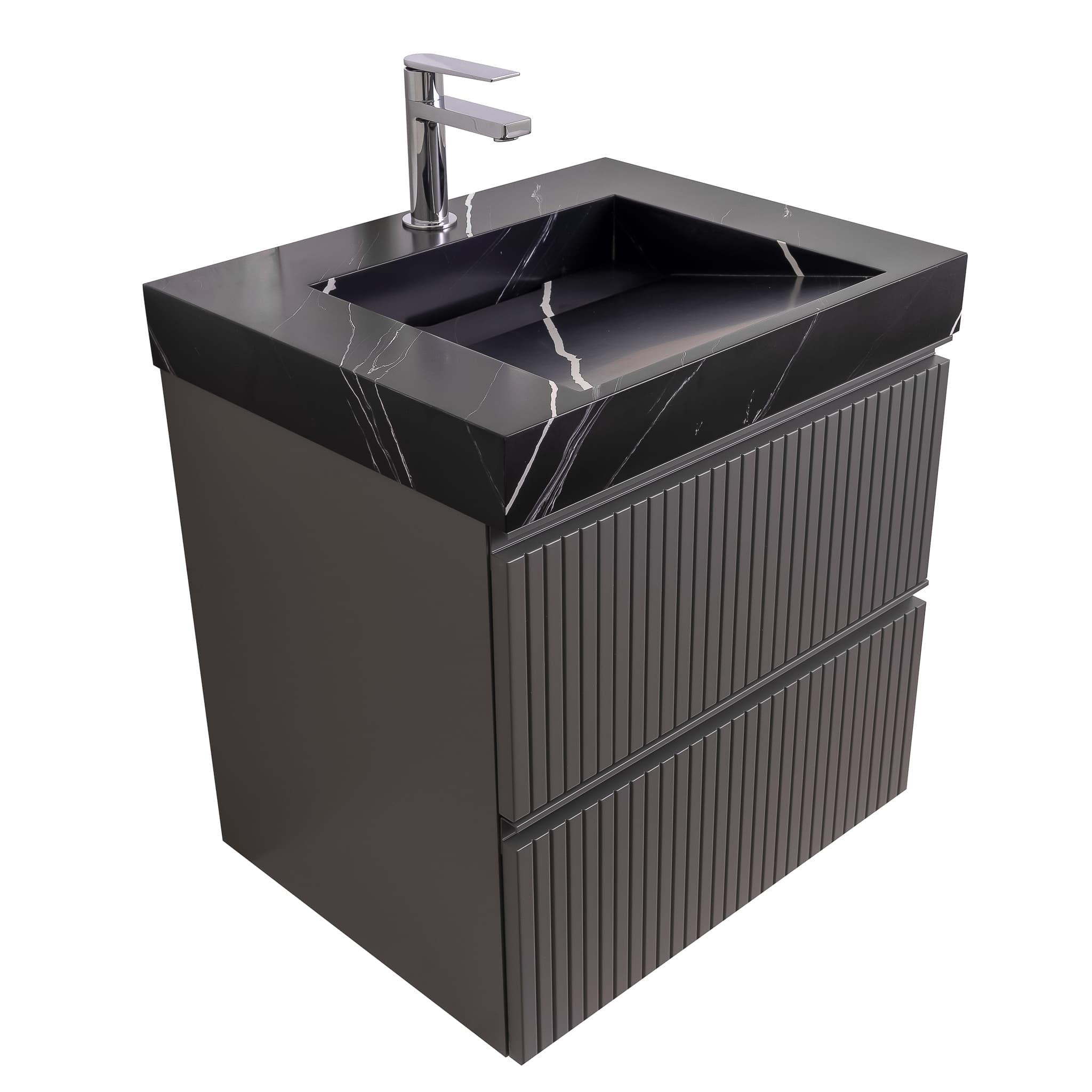 Ares 23.5 Matte Grey Cabinet, Solid Surface Matte Black Carrara Infinity Sink, Wall Mounted Modern Vanity Set