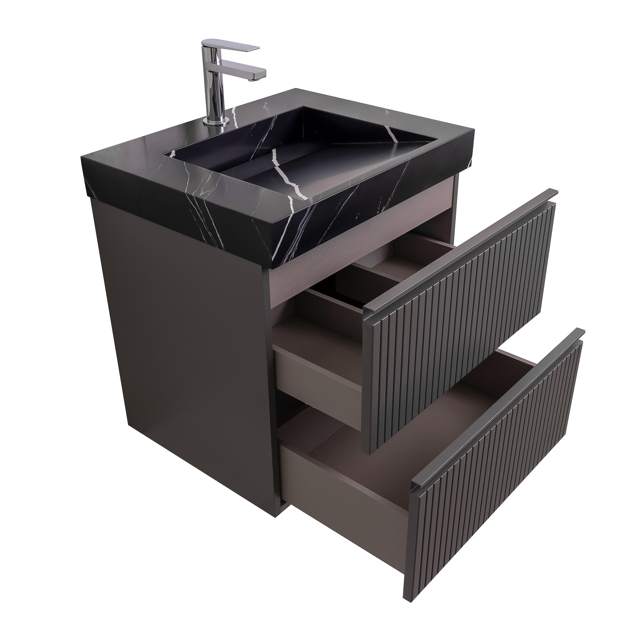 Ares 23.5 Matte Grey Cabinet, Solid Surface Matte Black Carrara Infinity Sink, Wall Mounted Modern Vanity Set