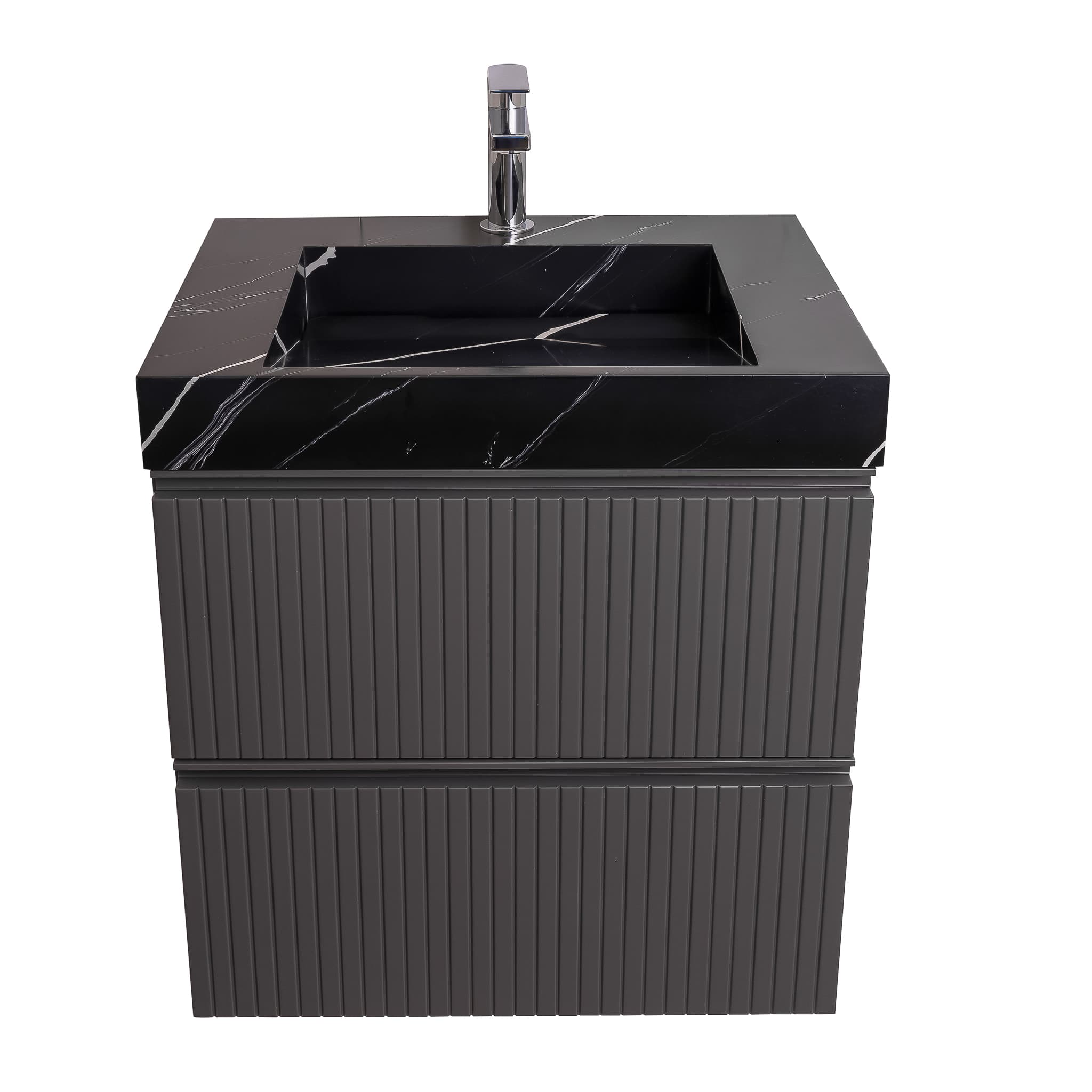 Ares 23.5 Matte Grey Cabinet, Solid Surface Matte Black Carrara Infinity Sink, Wall Mounted Modern Vanity Set