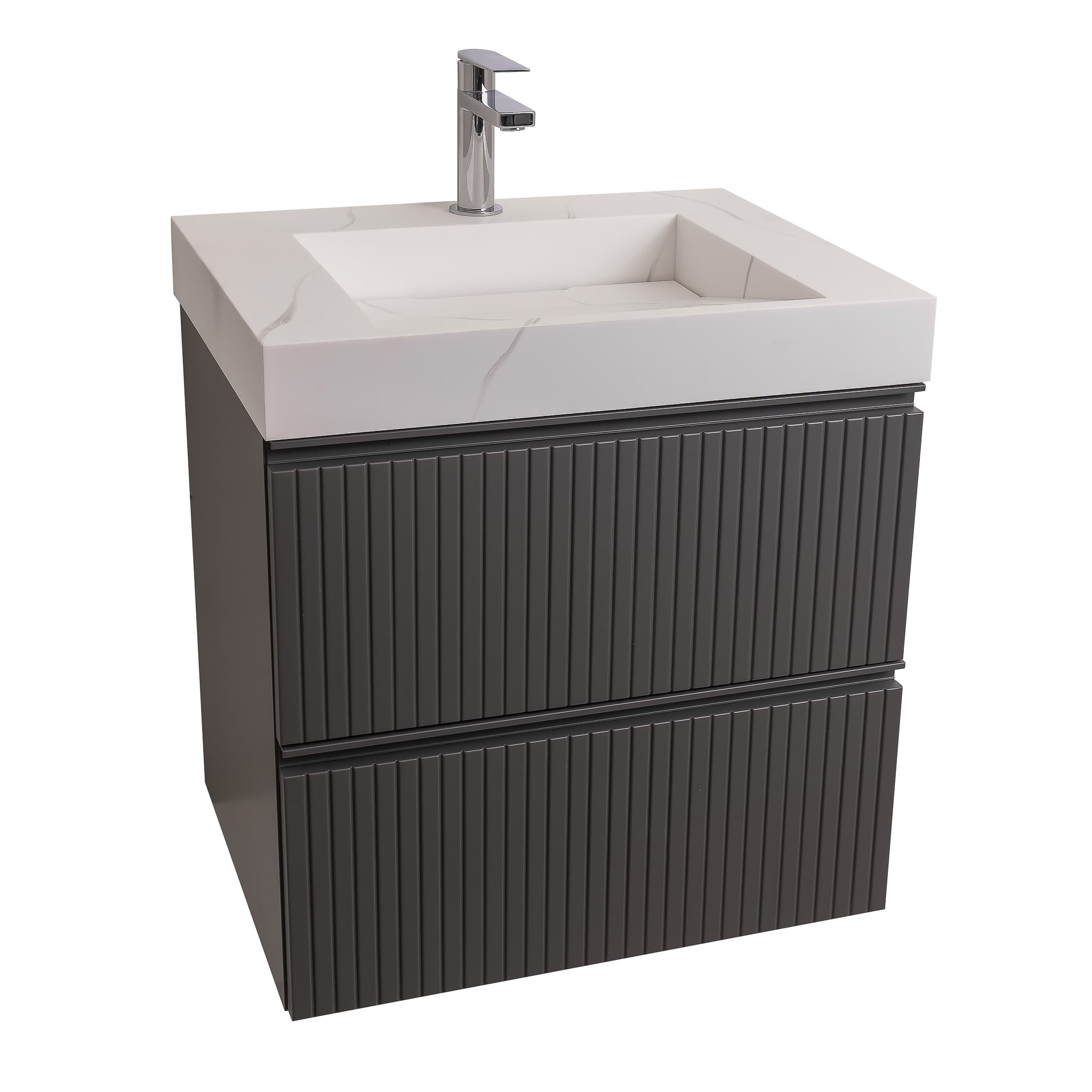 Ares 23.5 Matte Grey Cabinet, Solid Surface Matte White Top Carrara Infinity Sink, Wall Mounted Modern Vanity Set