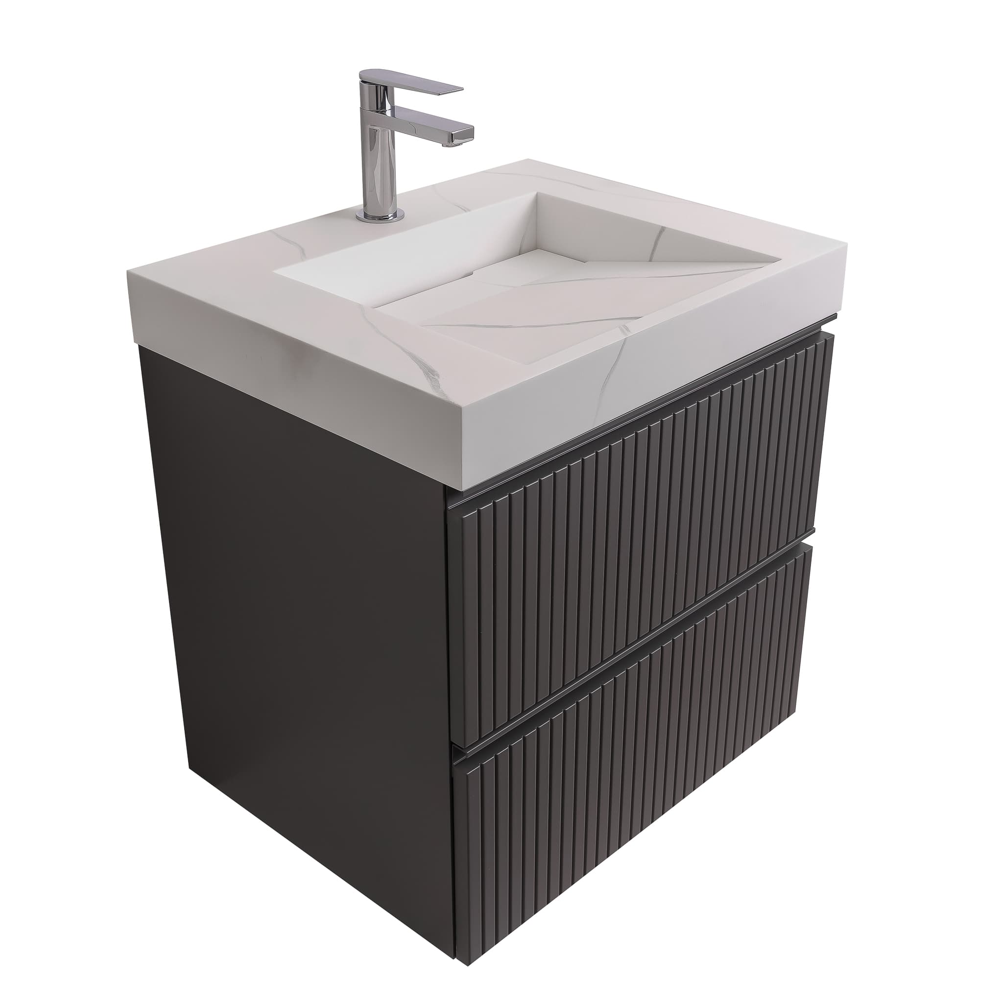 Ares 23.5 Matte Grey Cabinet, Solid Surface Matte White Top Carrara Infinity Sink, Wall Mounted Modern Vanity Set