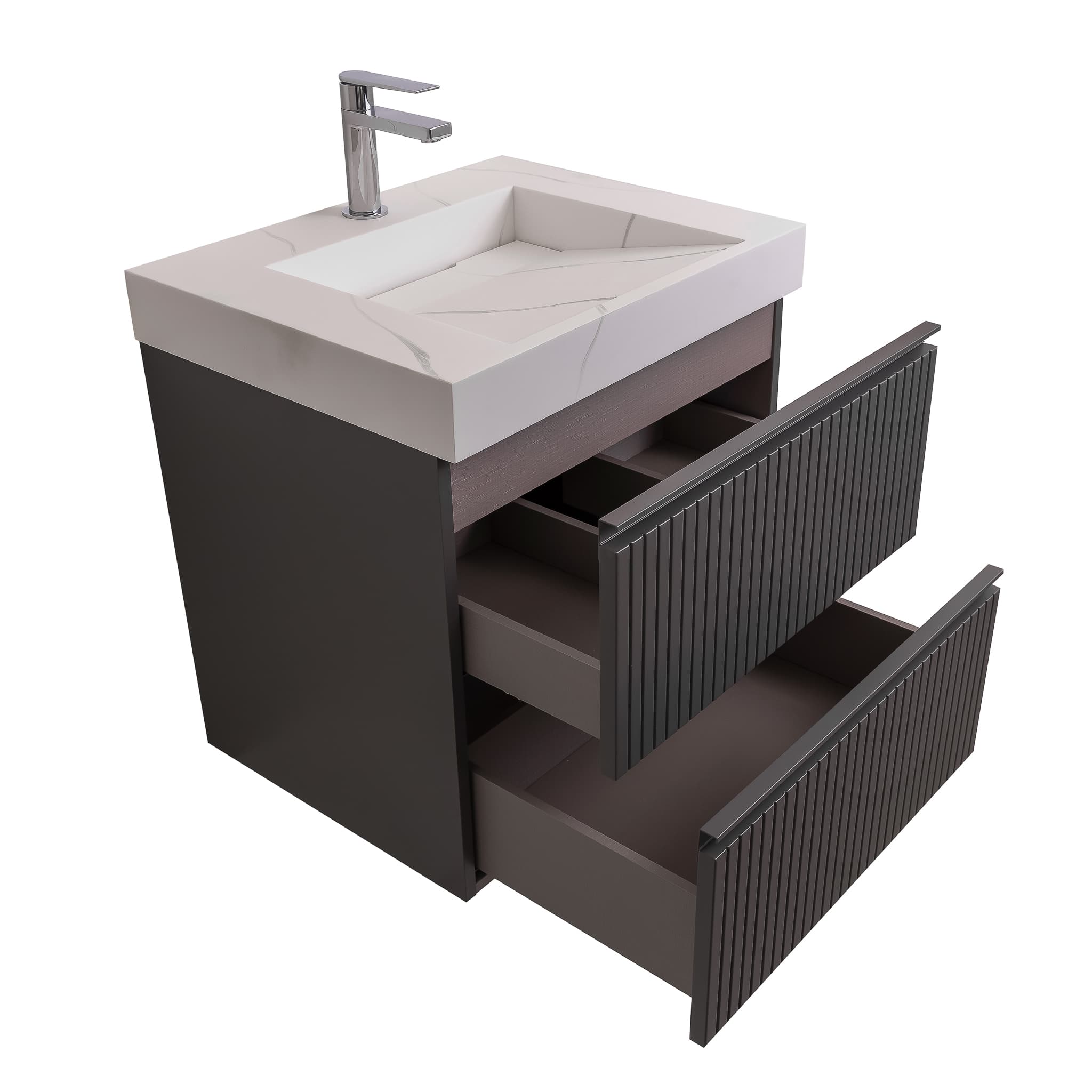 Ares 23.5 Matte Grey Cabinet, Solid Surface Matte White Top Carrara Infinity Sink, Wall Mounted Modern Vanity Set