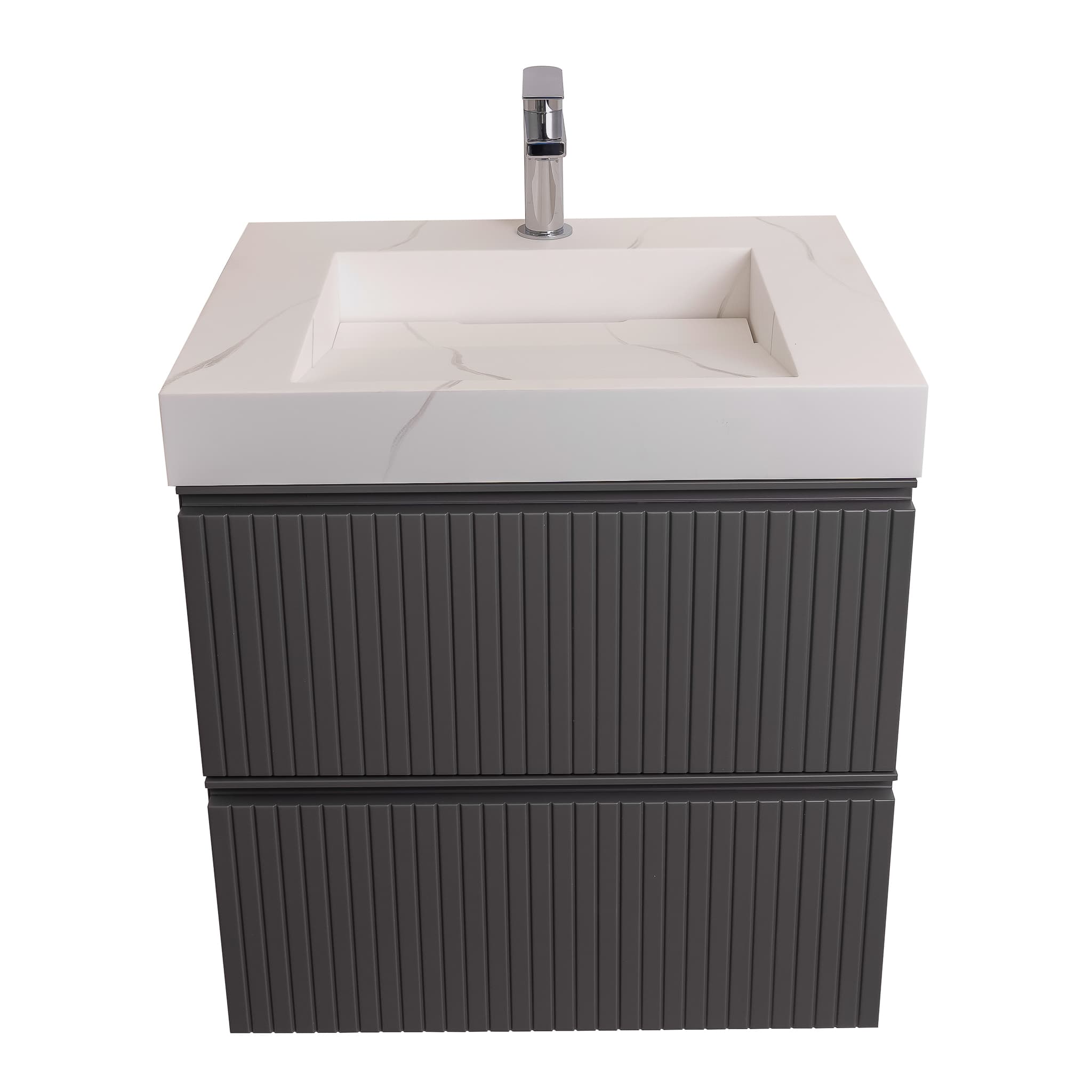 Ares 23.5 Matte Grey Cabinet, Solid Surface Matte White Top Carrara Infinity Sink, Wall Mounted Modern Vanity Set