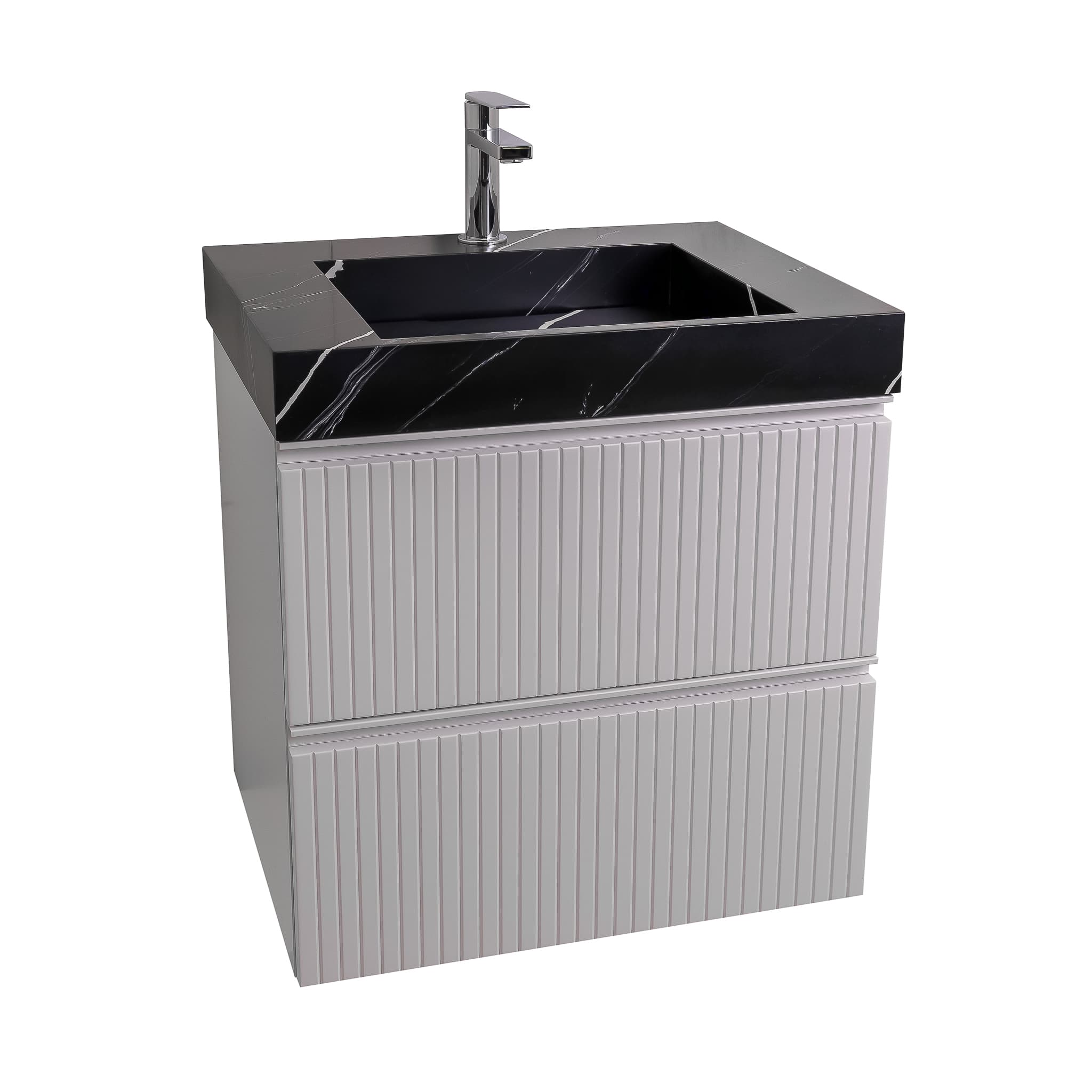 Ares 23.5 Matte White Cabinet, Solid Surface Matte Black Carrara Infinity Sink, Wall Mounted Modern Vanity Set