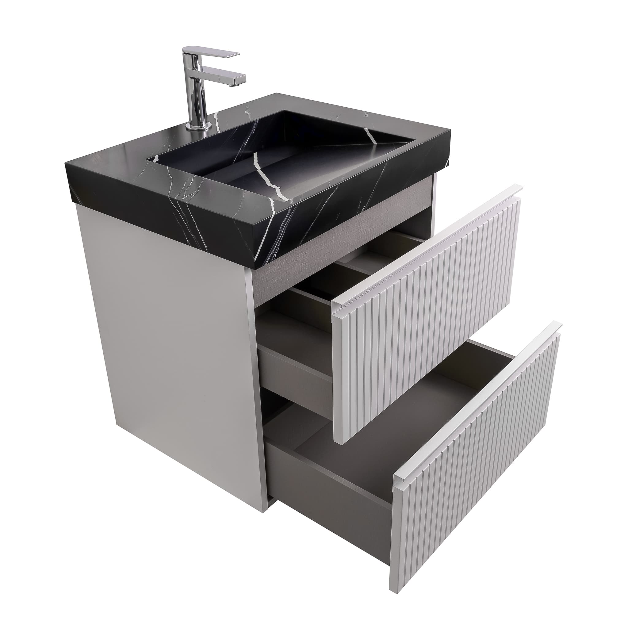 Ares 23.5 Matte White Cabinet, Solid Surface Matte Black Carrara Infinity Sink, Wall Mounted Modern Vanity Set