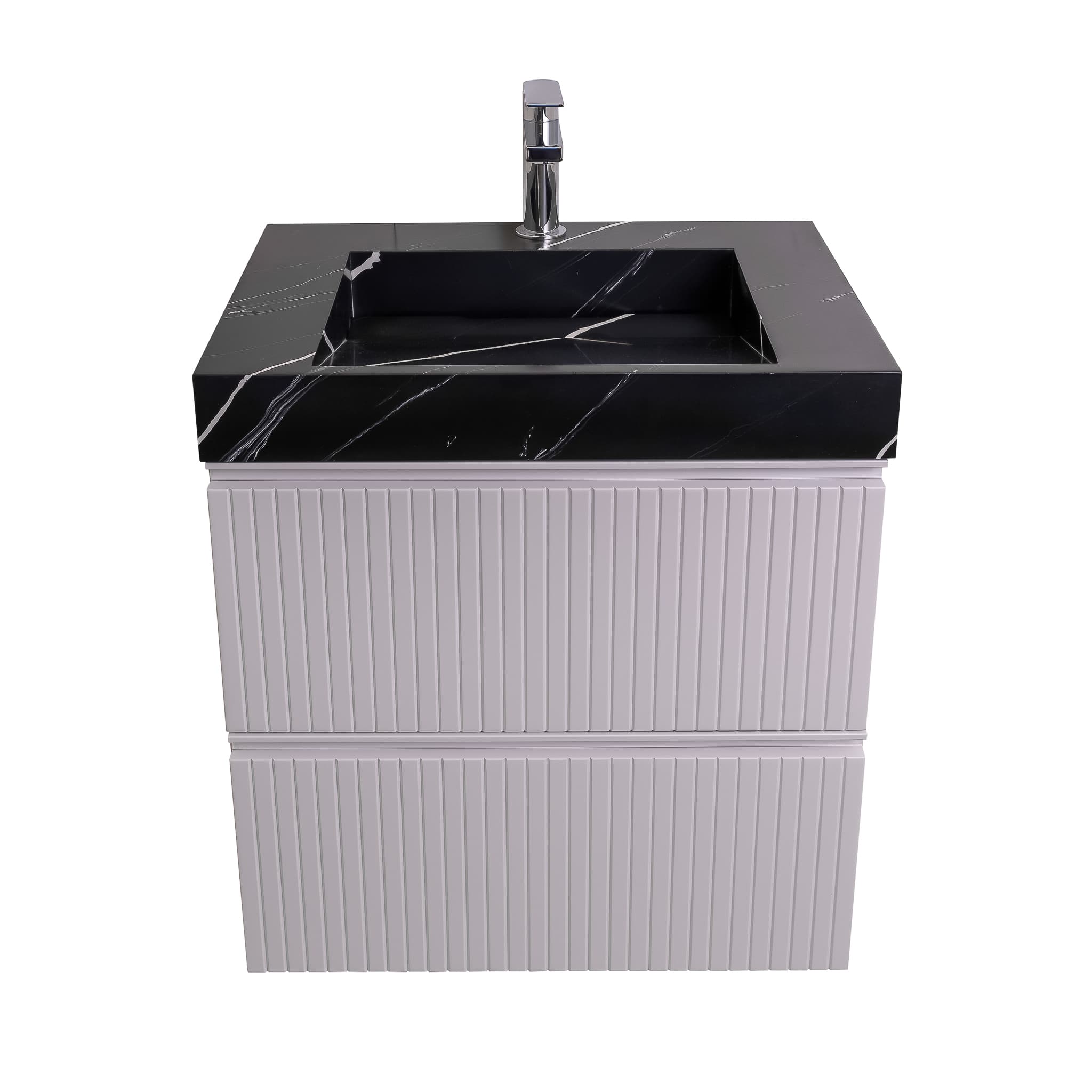 Ares 23.5 Matte White Cabinet, Solid Surface Matte Black Carrara Infinity Sink, Wall Mounted Modern Vanity Set