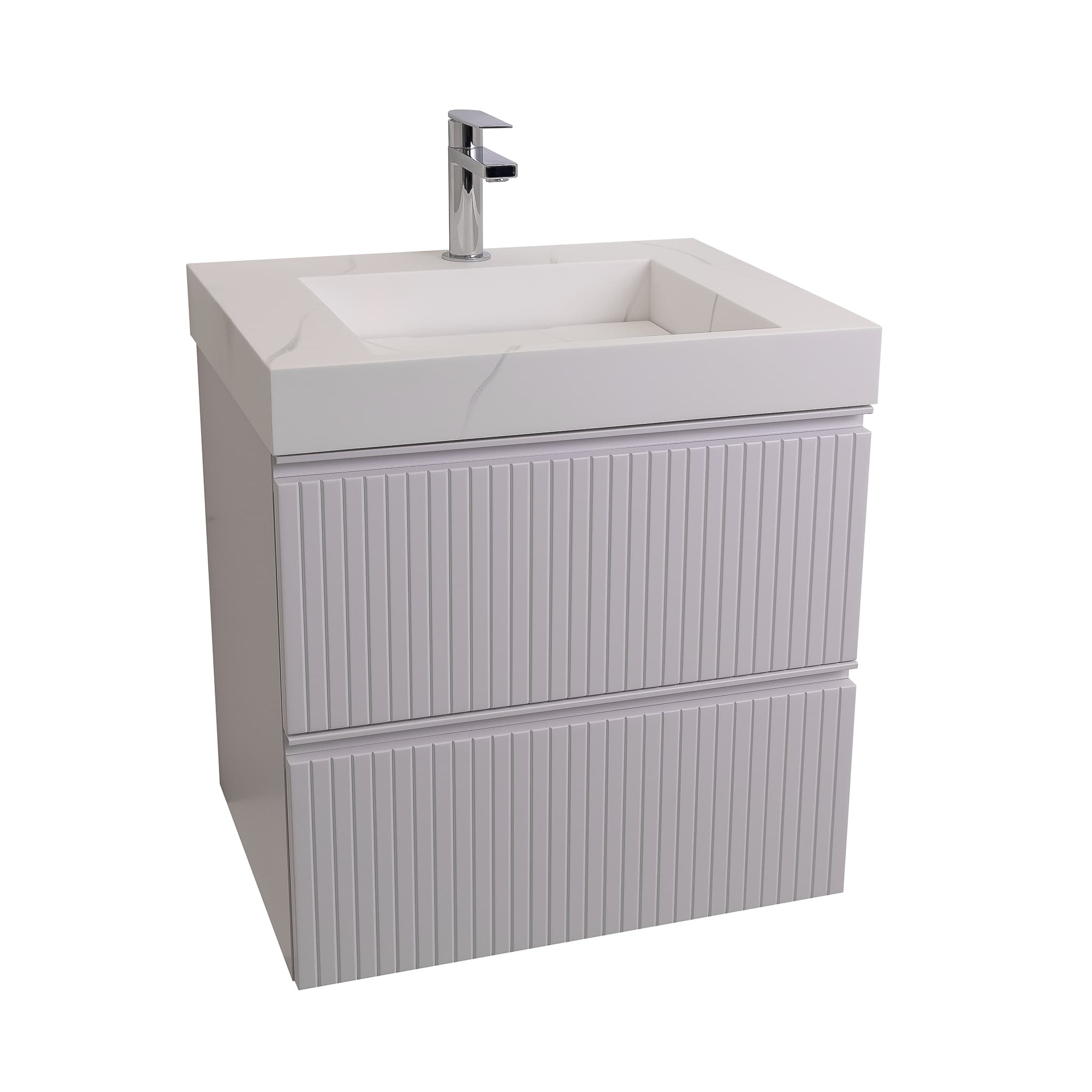 Ares 23.5 Matte White Cabinet, Solid Surface Matte White Top Carrara Infinity Sink, Wall Mounted Modern Vanity Set