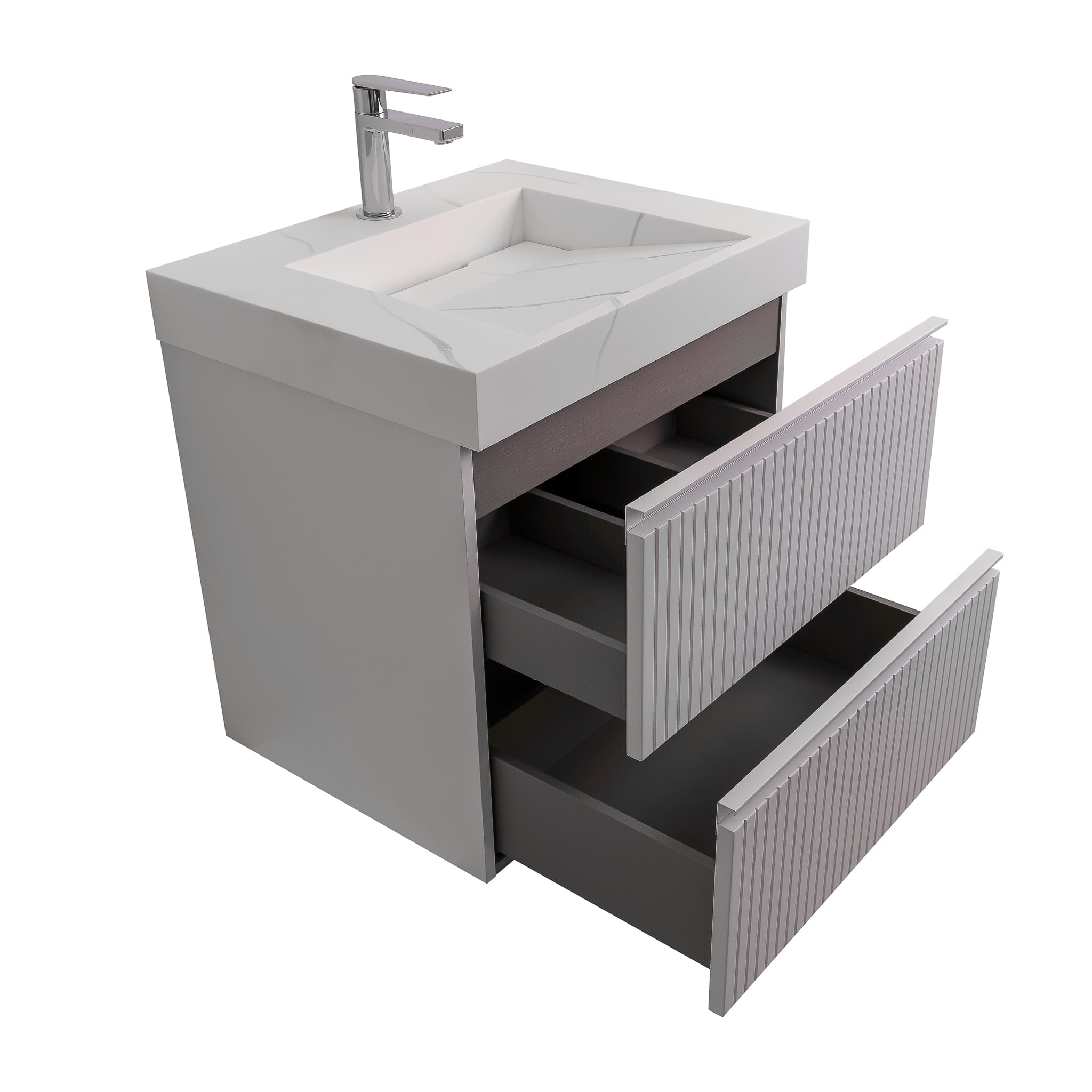 Ares 23.5 Matte White Cabinet, Solid Surface Matte White Top Carrara Infinity Sink, Wall Mounted Modern Vanity Set