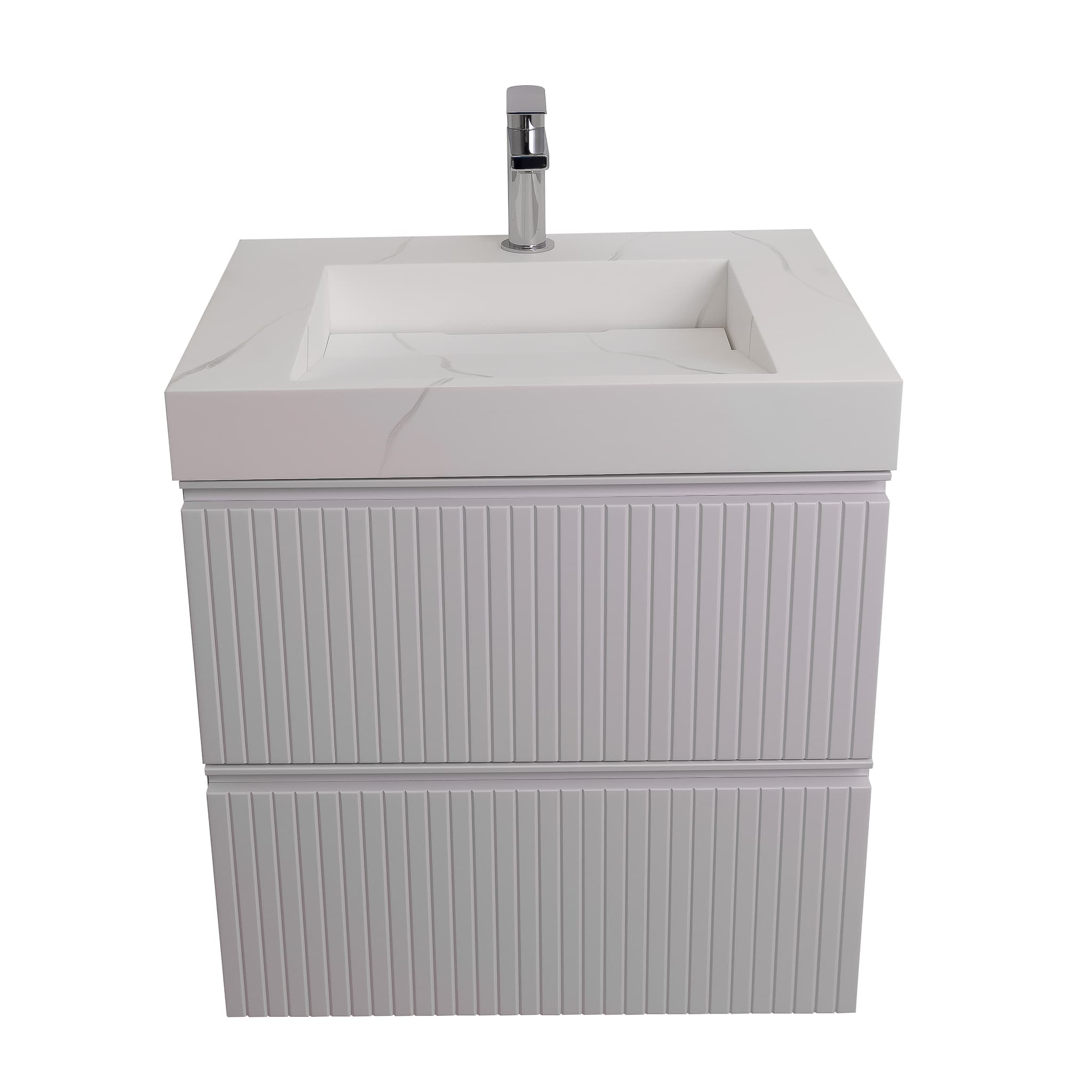 Ares 23.5 Matte White Cabinet, Solid Surface Matte White Top Carrara Infinity Sink, Wall Mounted Modern Vanity Set